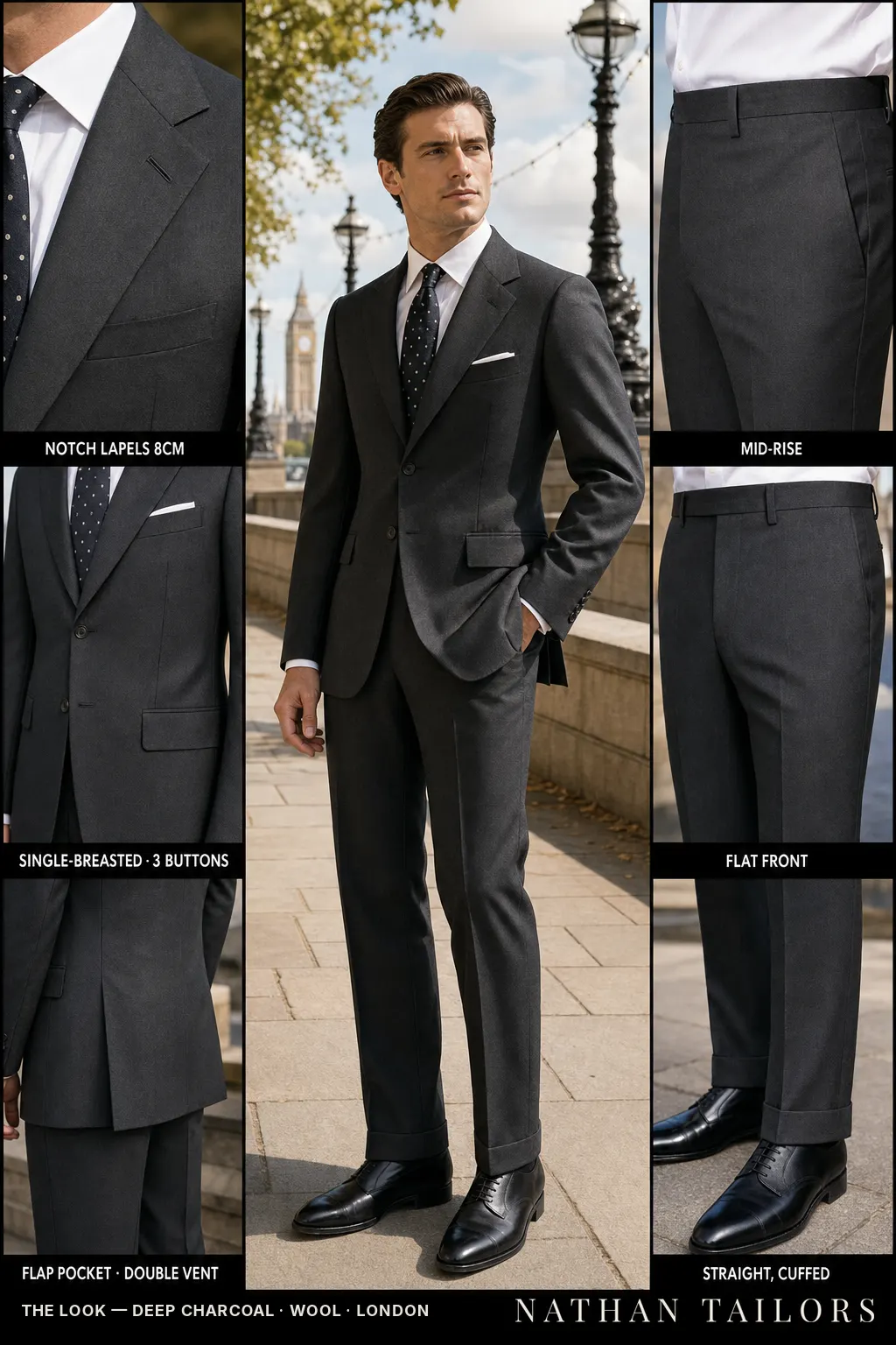 deep charcoal single-breasted notch-lapel bespoke suit — AI-rendered by Nathan Tailors, the Hoi An custom tailor. Available as a custom tailored suit from $149.