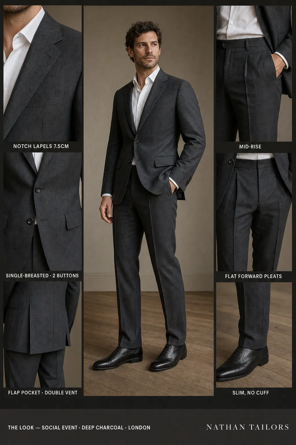 deep charcoal single-breasted notch-lapel bespoke suit — AI-rendered by Nathan Tailors, the Hoi An custom tailor. Available as a custom tailored suit from $149.