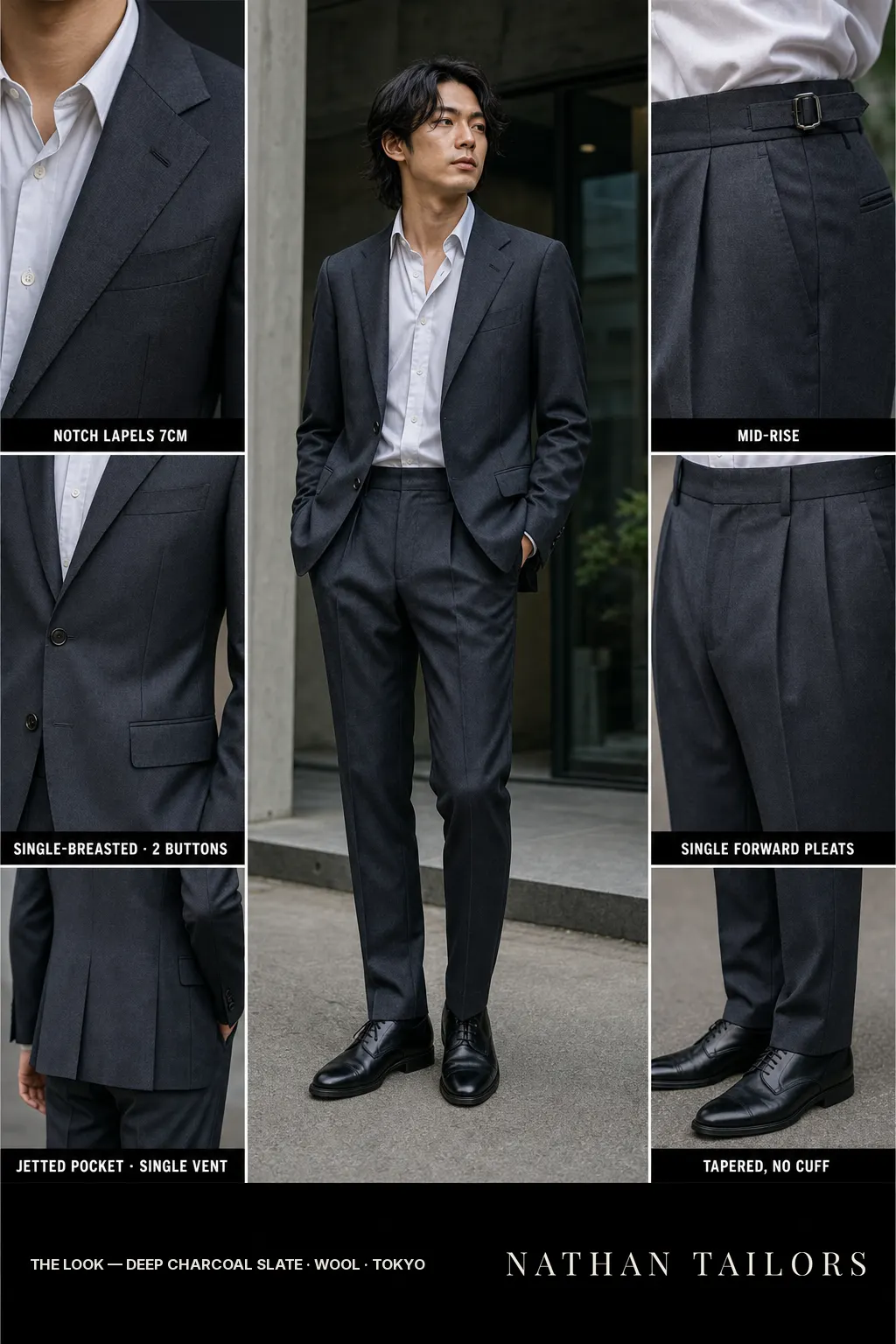 deep charcoal slate single-breasted notch-lapel bespoke suit — AI-rendered by Nathan Tailors, the Hoi An custom tailor. Available as a custom tailored suit from $149.