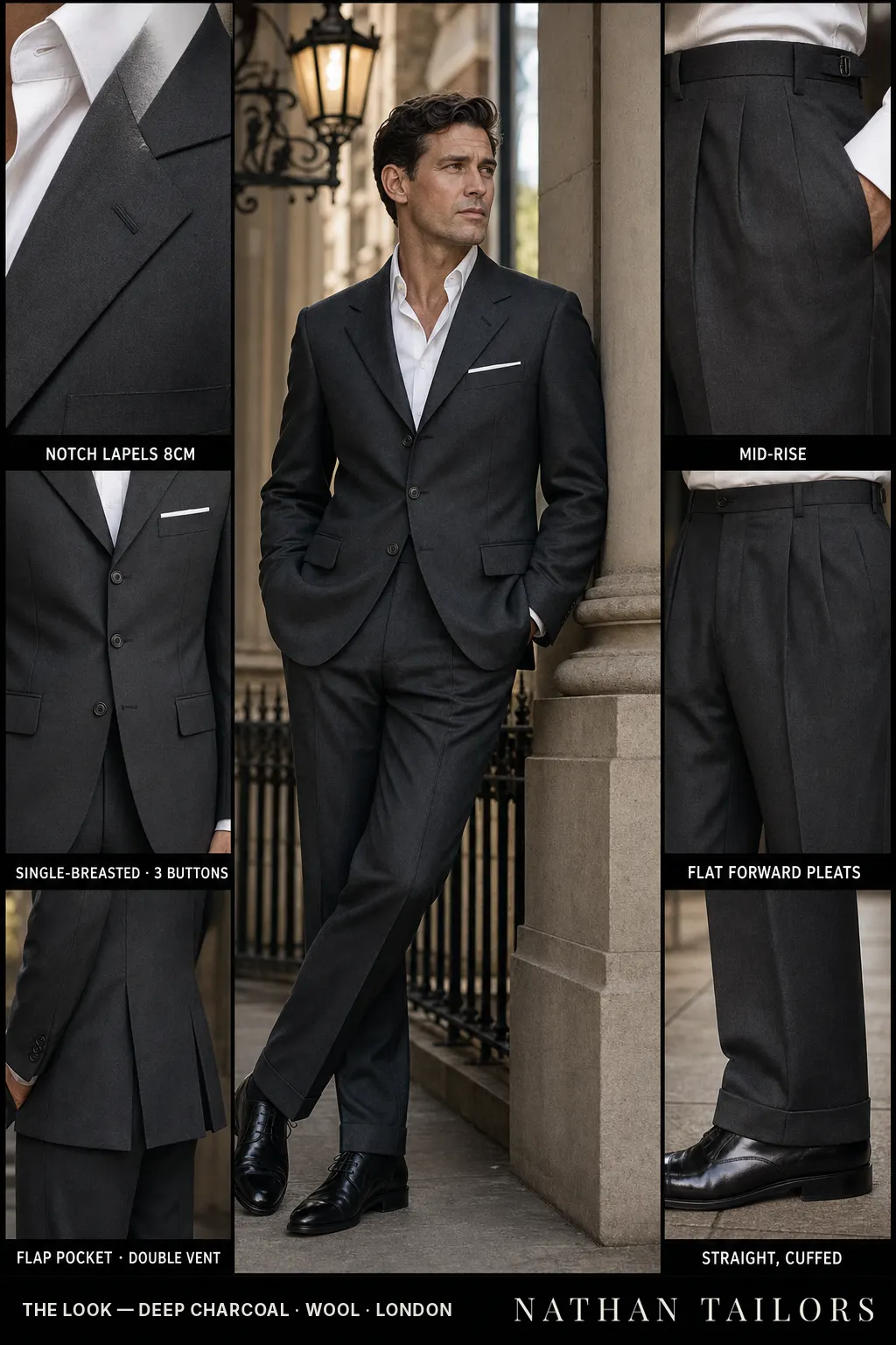 deep charcoal single-breasted notch-lapel bespoke suit — AI-rendered by Nathan Tailors, the Hoi An custom tailor. Available as a custom tailored suit from $149.