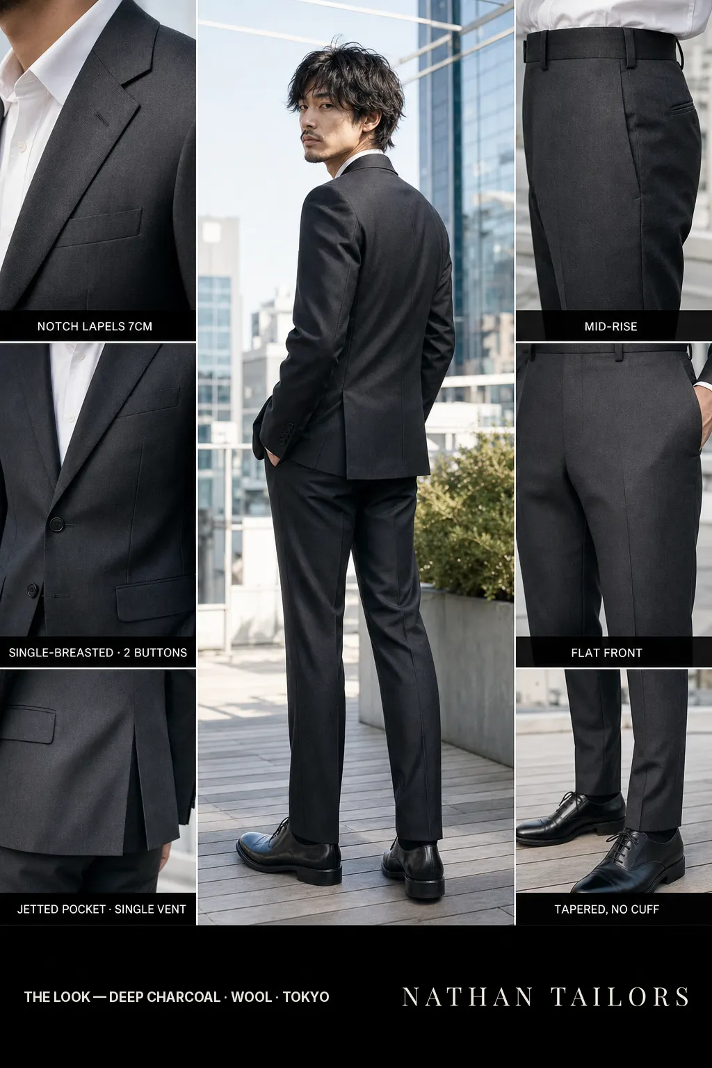 deep charcoal single-breasted notch-lapel bespoke suit — AI-rendered by Nathan Tailors, the Hoi An custom tailor. Available as a custom tailored suit from $149.