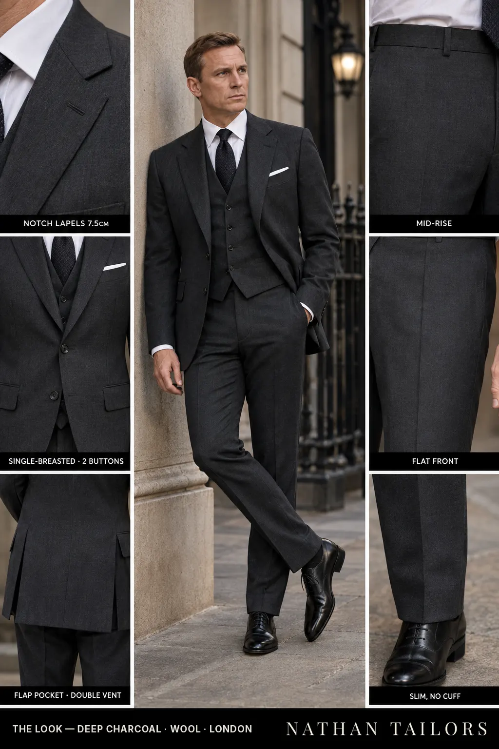 deep charcoal single-breasted notch-lapel bespoke suit โ AI-rendered by Nathan Tailors, the Hoi An custom tailor. Available as a custom tailored suit from $149.