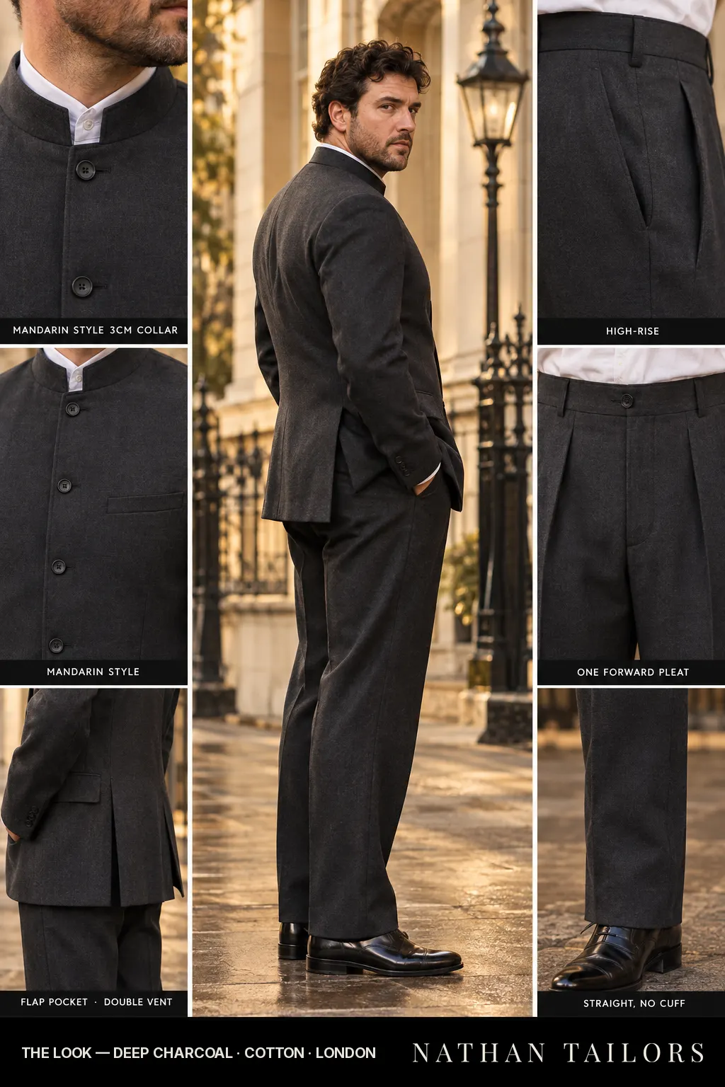 deep charcoal single-breasted bespoke suit — custom tailored by Nathan Tailors, the Hoi An custom tailor