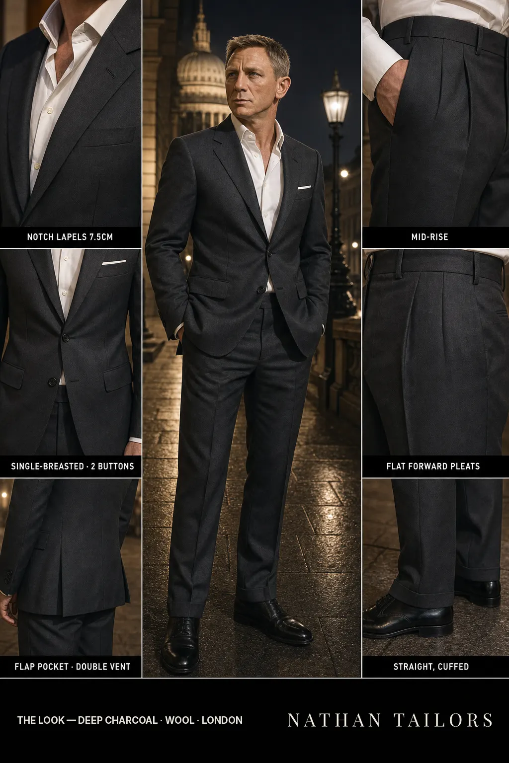 deep charcoal single-breasted notch-lapel bespoke suit โ AI-rendered by Nathan Tailors, the Hoi An custom tailor. Available as a custom tailored suit from $149.