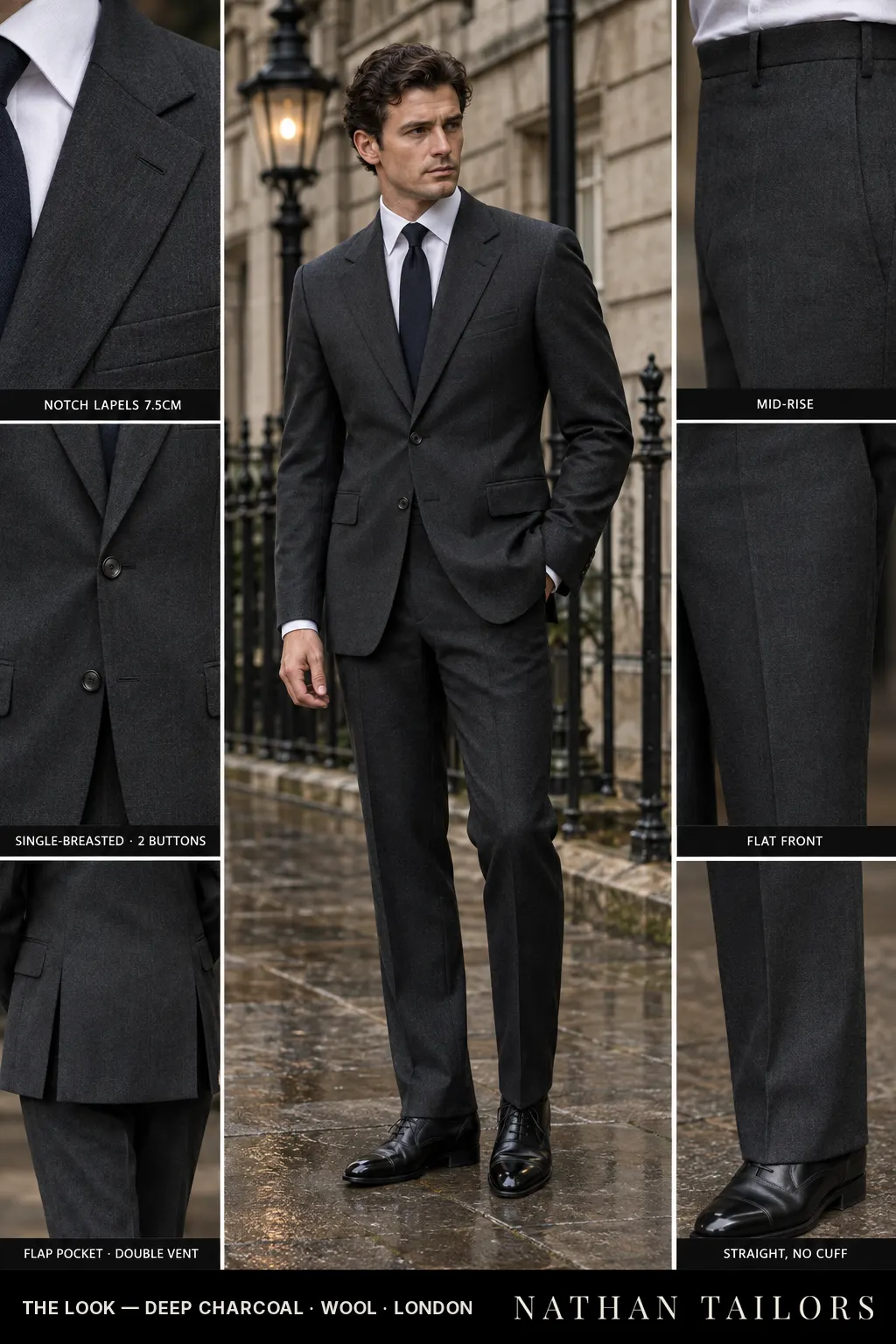 deep charcoal single-breasted notch-lapel bespoke suit — AI-rendered by Nathan Tailors, the Hoi An custom tailor. Available as a custom tailored suit from $149.