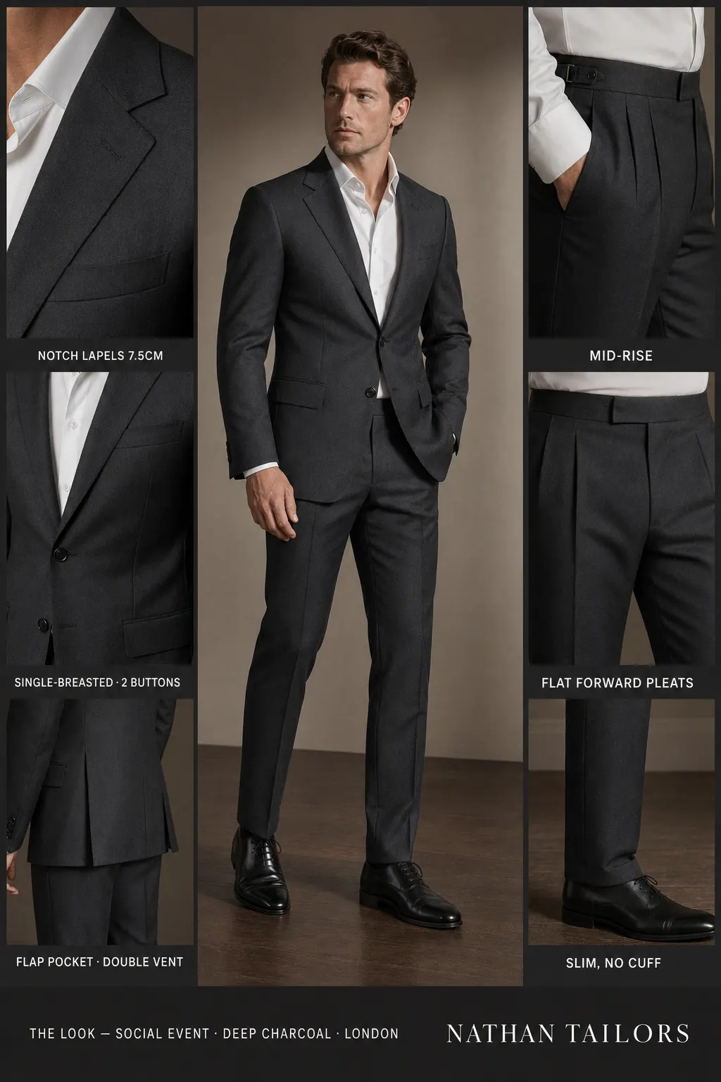 deep charcoal single-breasted notch-lapel bespoke suit — AI-rendered by Nathan Tailors, the Hoi An custom tailor. Available as a custom tailored suit from $149.