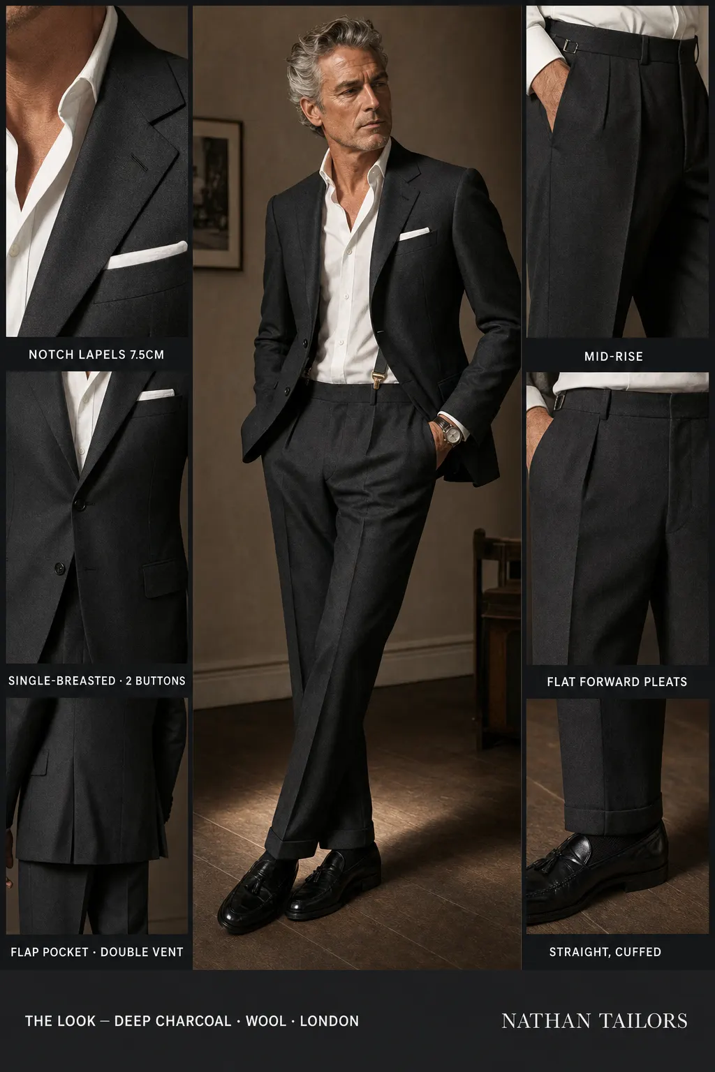deep charcoal single-breasted notch-lapel bespoke suit — AI-rendered by Nathan Tailors, the Hoi An custom tailor. Available as a custom tailored suit from $149.