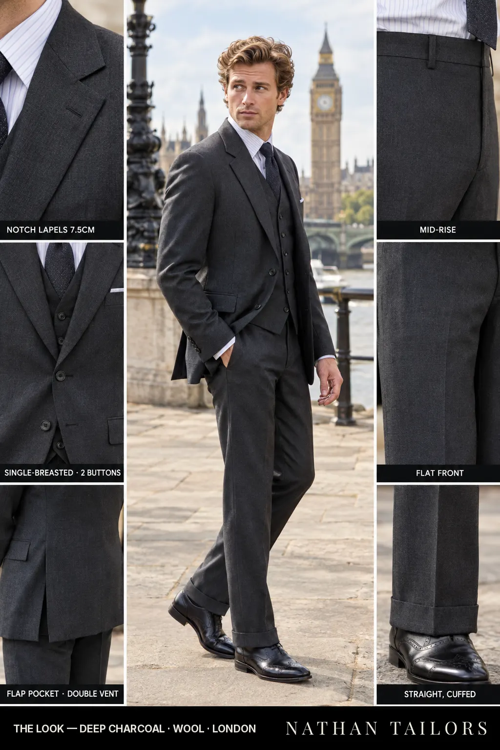 deep charcoal single-breasted bespoke suit โ custom tailored by Nathan Tailors, the Hoi An custom tailor