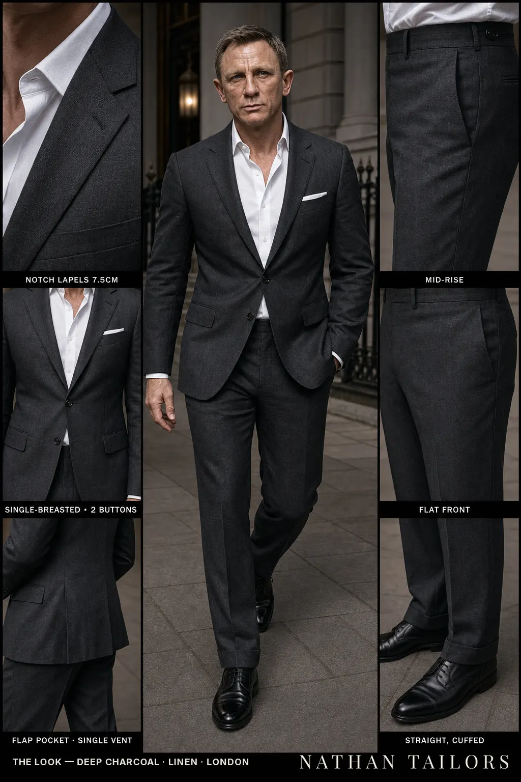 deep charcoal single-breasted notch-lapel bespoke suit — AI-rendered by Nathan Tailors, the Hoi An custom tailor. Available as a custom tailored suit from $149.