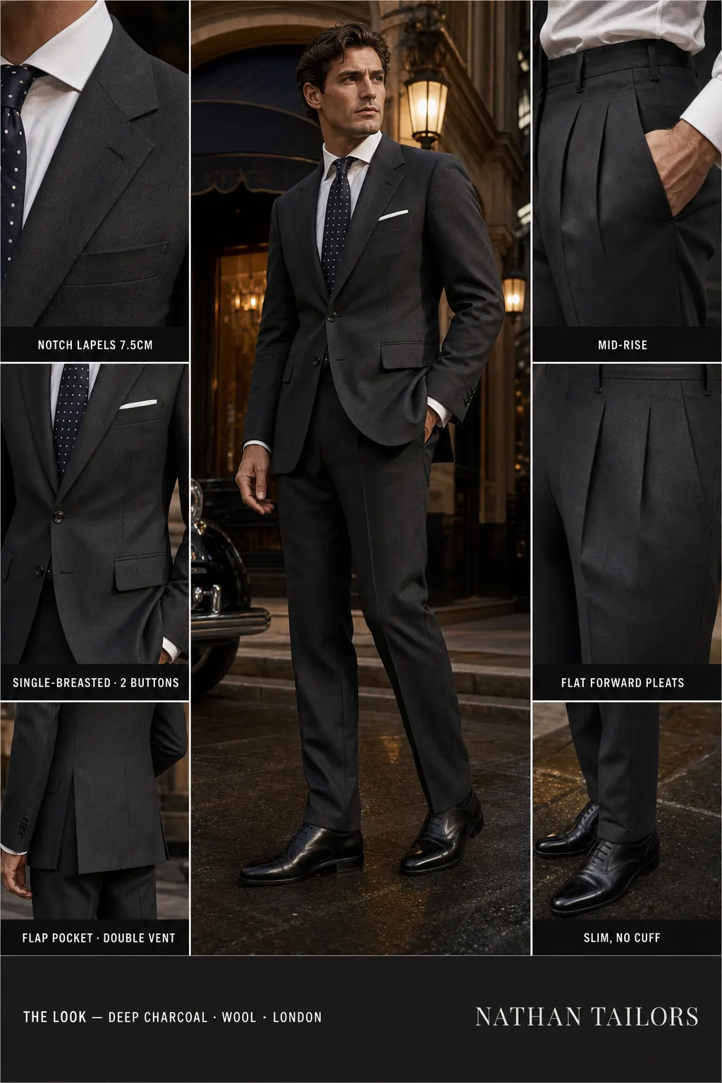 deep charcoal single-breasted notch-lapel bespoke suit — AI-rendered by Nathan Tailors, the Hoi An custom tailor. Available as a custom tailored suit from $149.