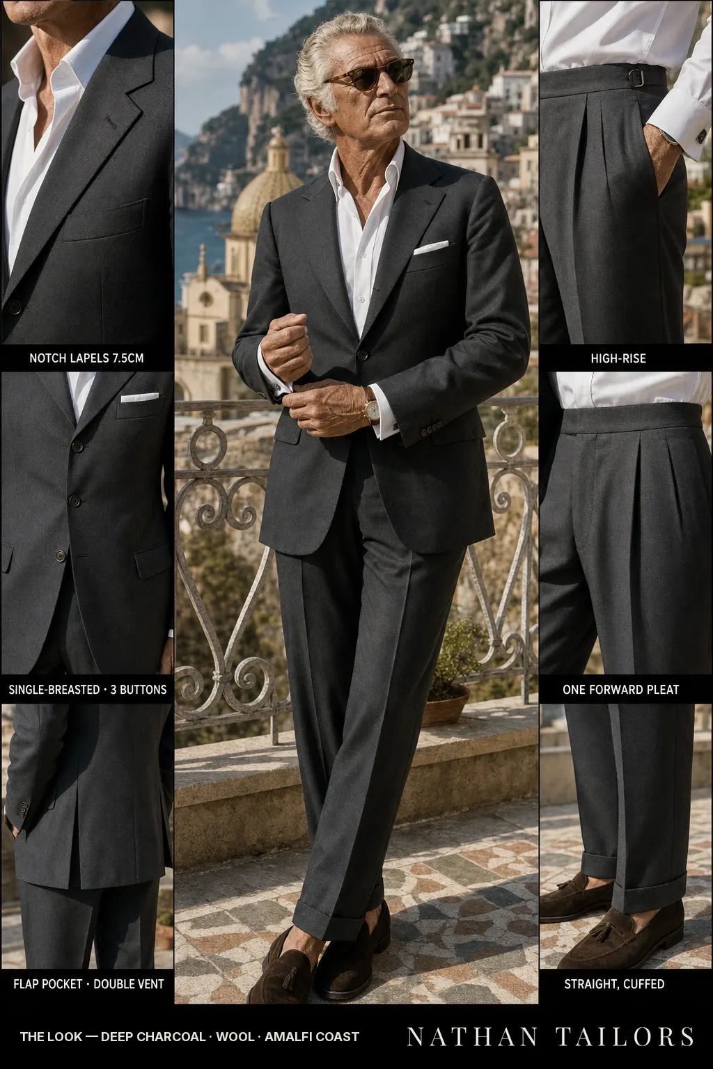 deep charcoal single-breasted bespoke suit — custom tailored by Nathan Tailors, the Hoi An custom tailor