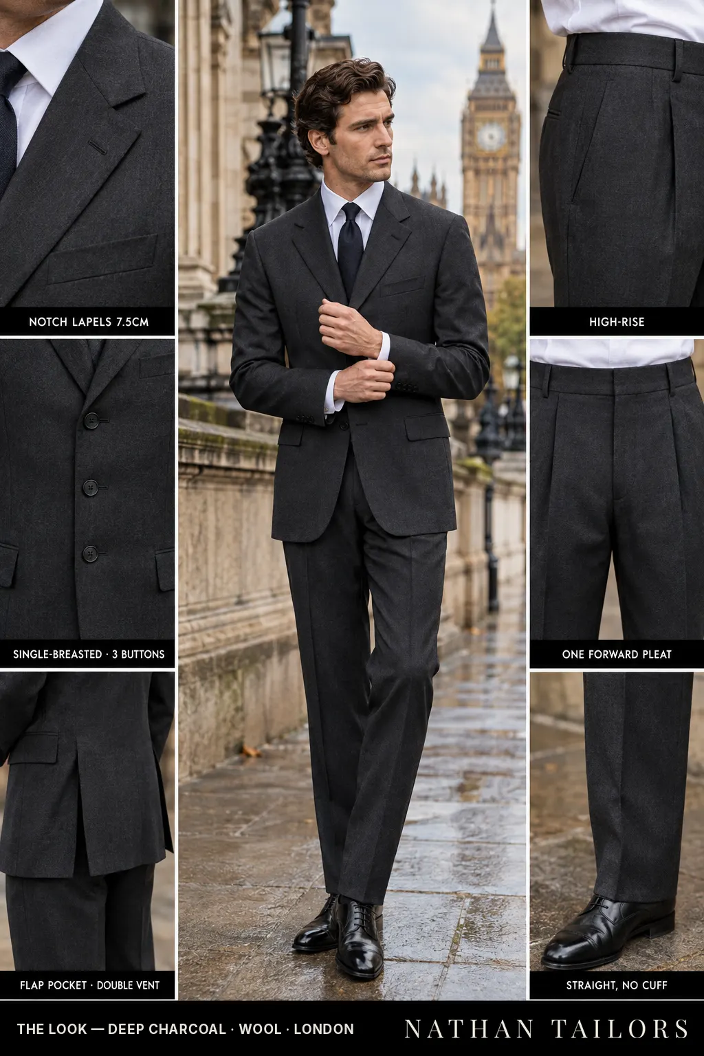 deep charcoal single-breasted bespoke suit โ custom tailored by Nathan Tailors, the Hoi An custom tailor