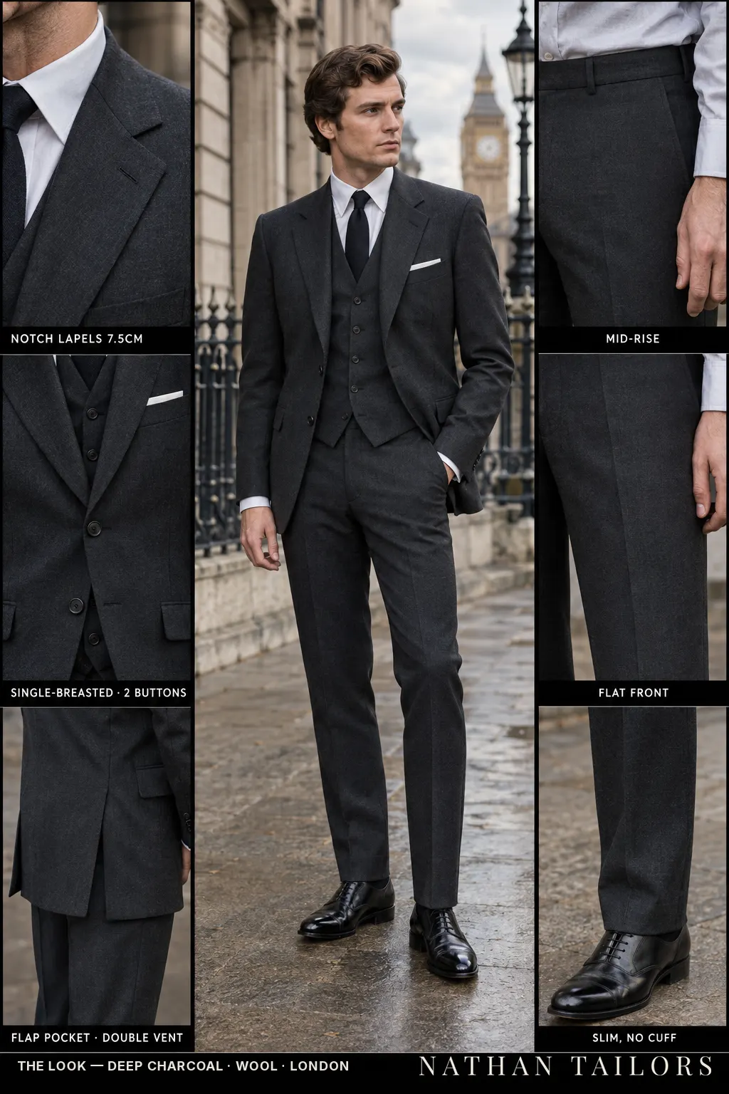 deep charcoal single-breasted notch-lapel bespoke suit โ AI-rendered by Nathan Tailors, the Hoi An custom tailor. Available as a custom tailored suit from $149.
