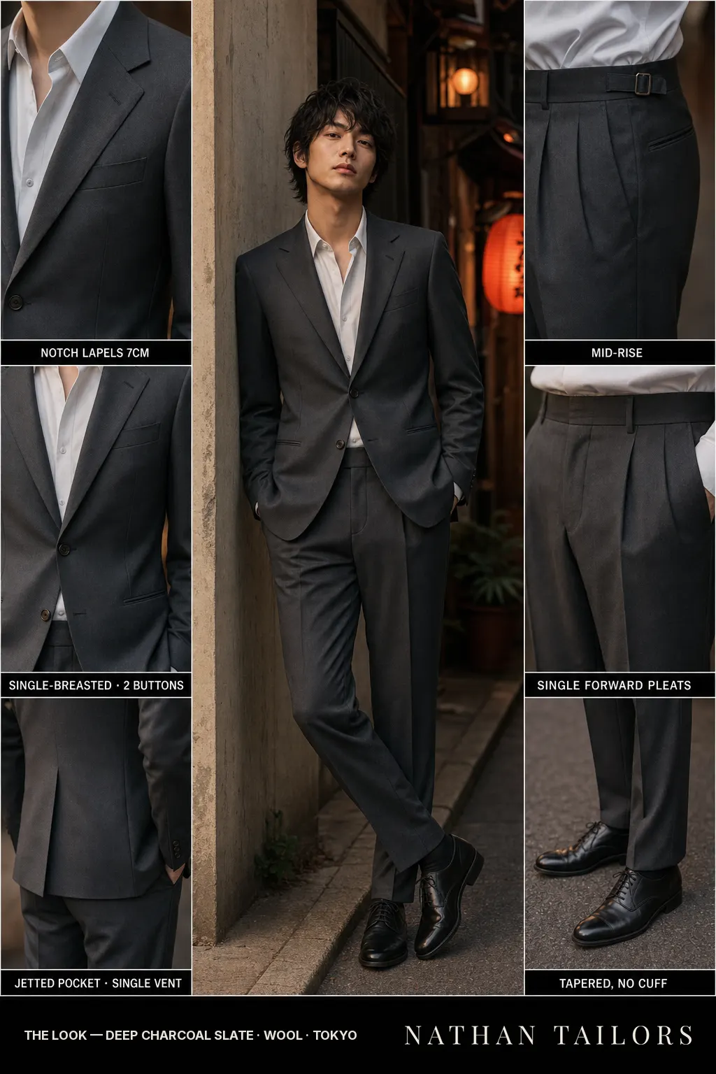 deep charcoal slate single-breasted notch-lapel bespoke suit — AI-rendered by Nathan Tailors, the Hoi An custom tailor. Available as a custom tailored suit from $149.