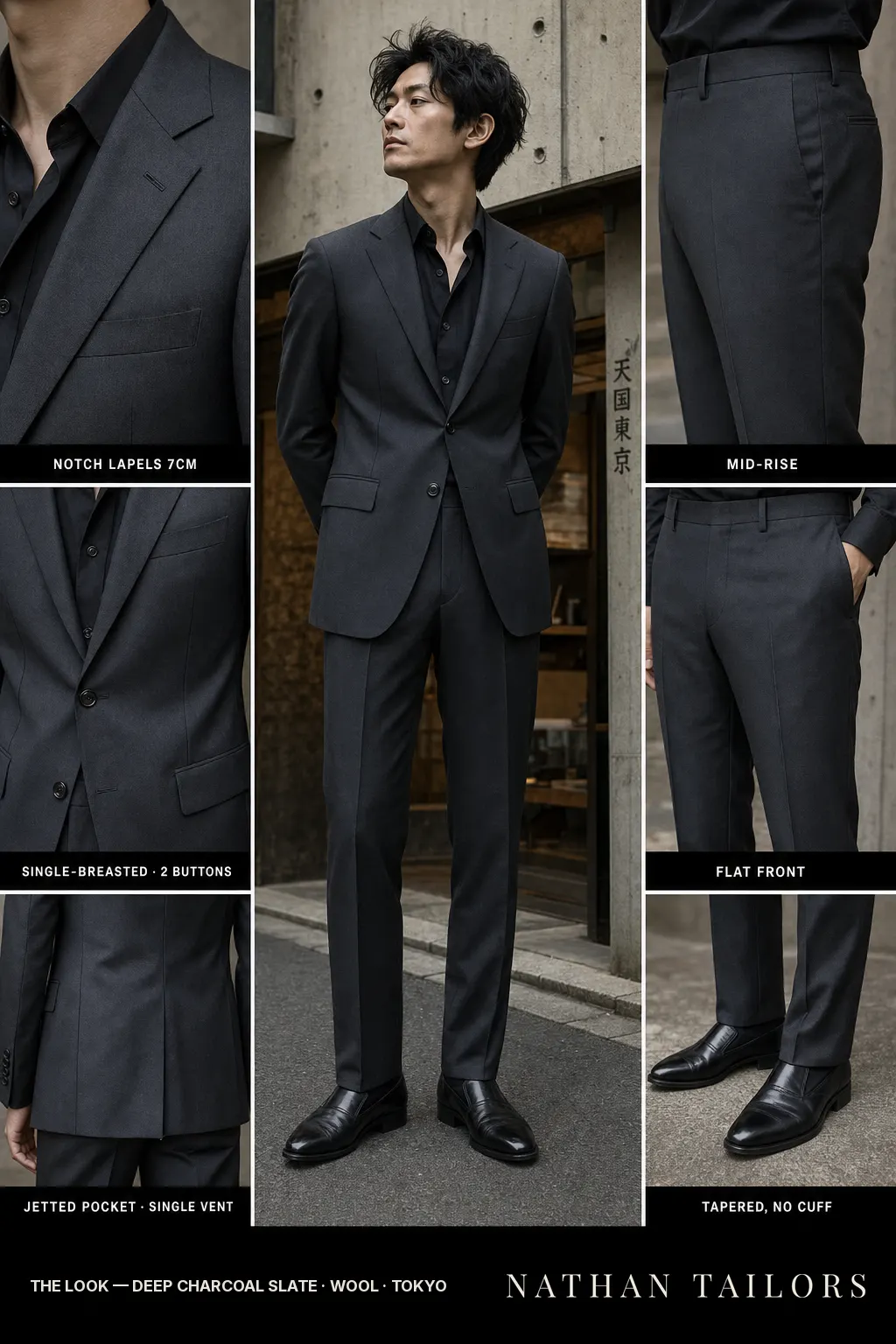 deep charcoal slate single-breasted bespoke suit — custom tailored by Nathan Tailors, the Hoi An custom tailor