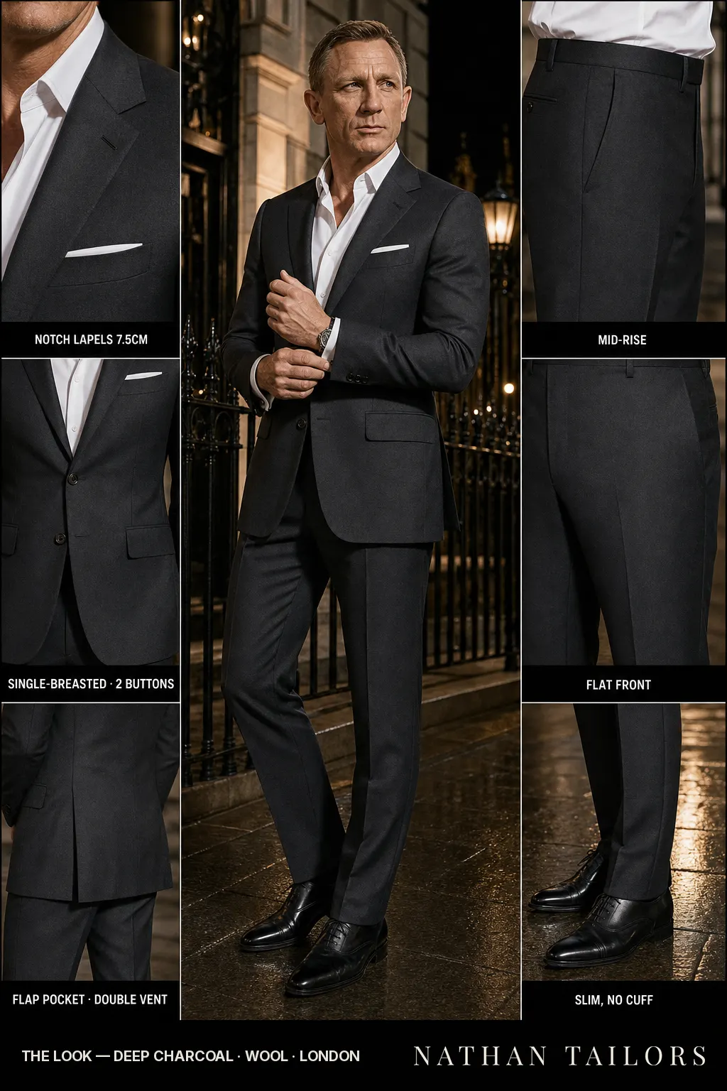 deep charcoal single-breasted notch-lapel bespoke suit — AI-rendered by Nathan Tailors, the Hoi An custom tailor. Available as a custom tailored suit from $169.
