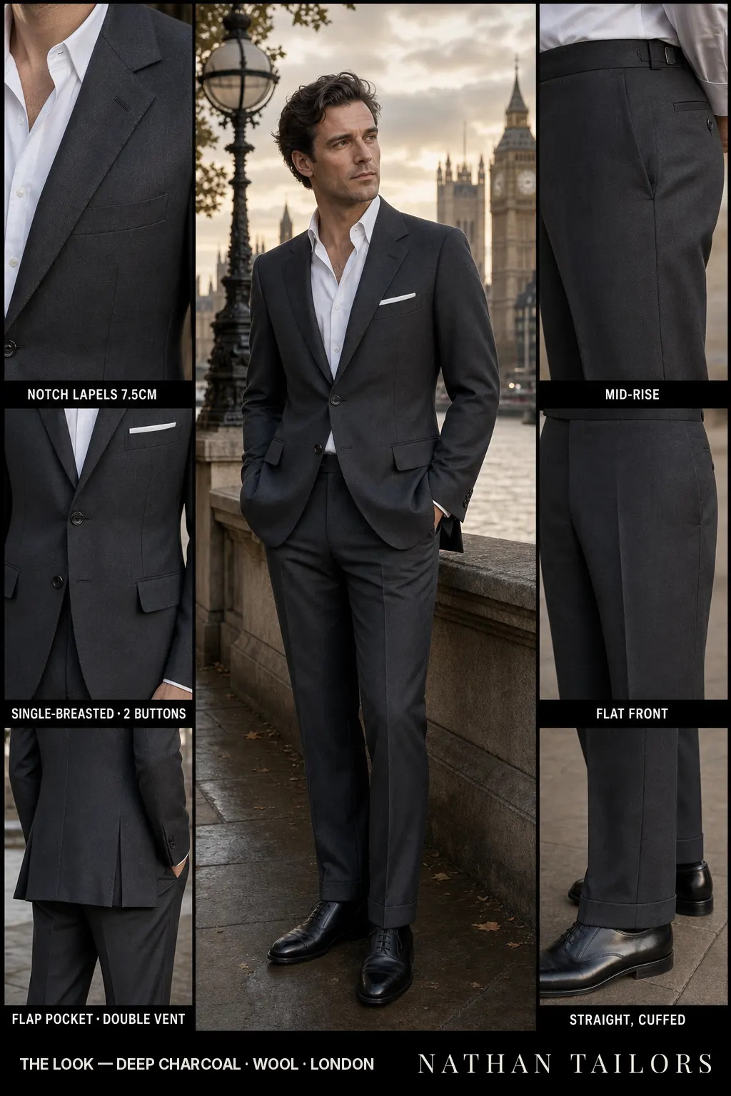 deep charcoal single-breasted notch-lapel bespoke suit — AI-rendered by Nathan Tailors, the Hoi An custom tailor. Available as a custom tailored suit from $149.
