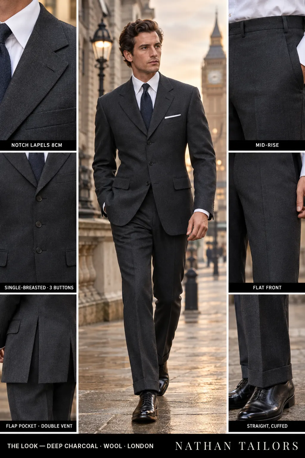 deep charcoal single-breasted bespoke suit — custom tailored by Nathan Tailors, the Hoi An custom tailor