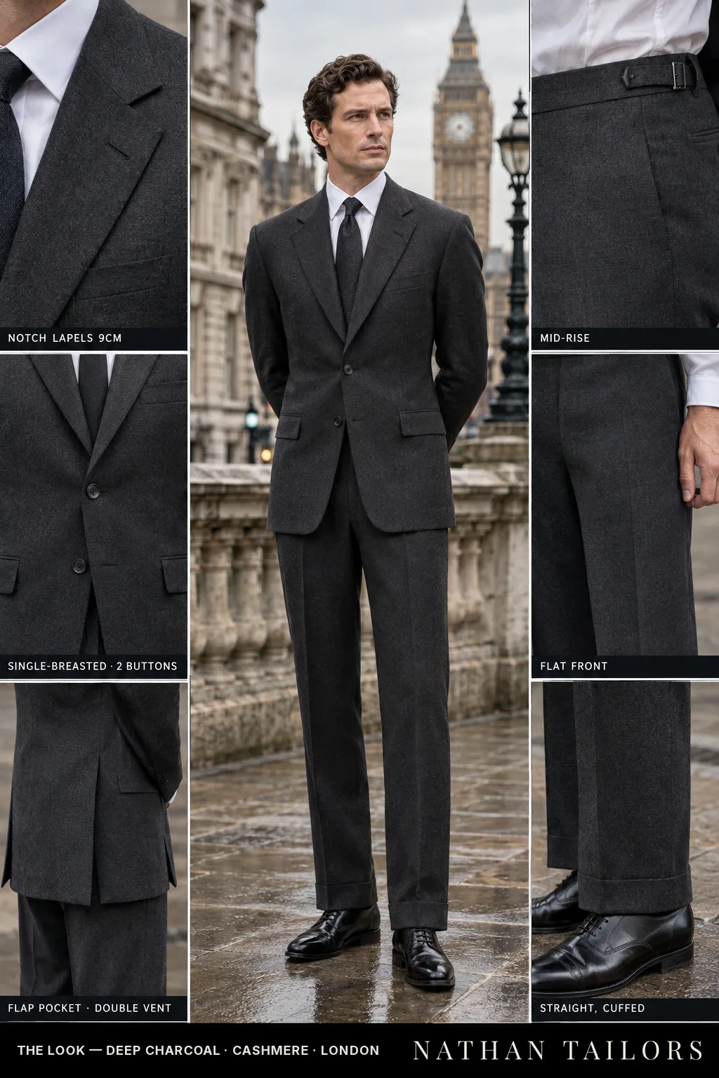 deep charcoal single-breasted bespoke suit — custom tailored by Nathan Tailors, the Hoi An custom tailor