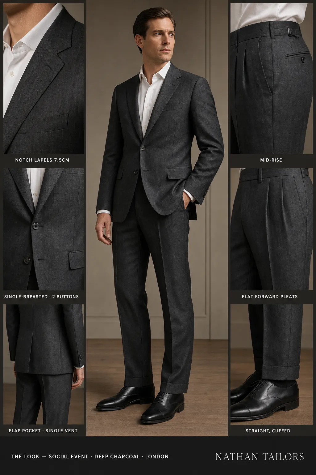 deep charcoal single-breasted notch-lapel bespoke suit โ AI-rendered by Nathan Tailors, the Hoi An custom tailor. Available as a custom tailored suit from $149.