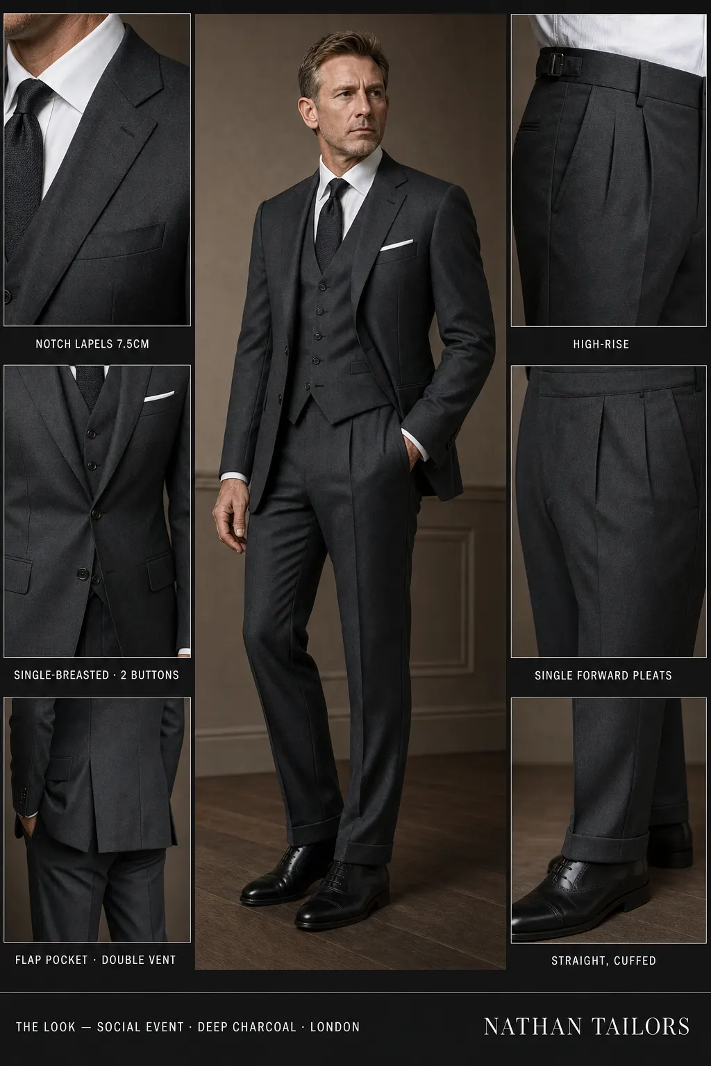 deep charcoal single-breasted notch-lapel bespoke suit โ AI-rendered by Nathan Tailors, the Hoi An custom tailor. Available as a custom tailored suit from $149.