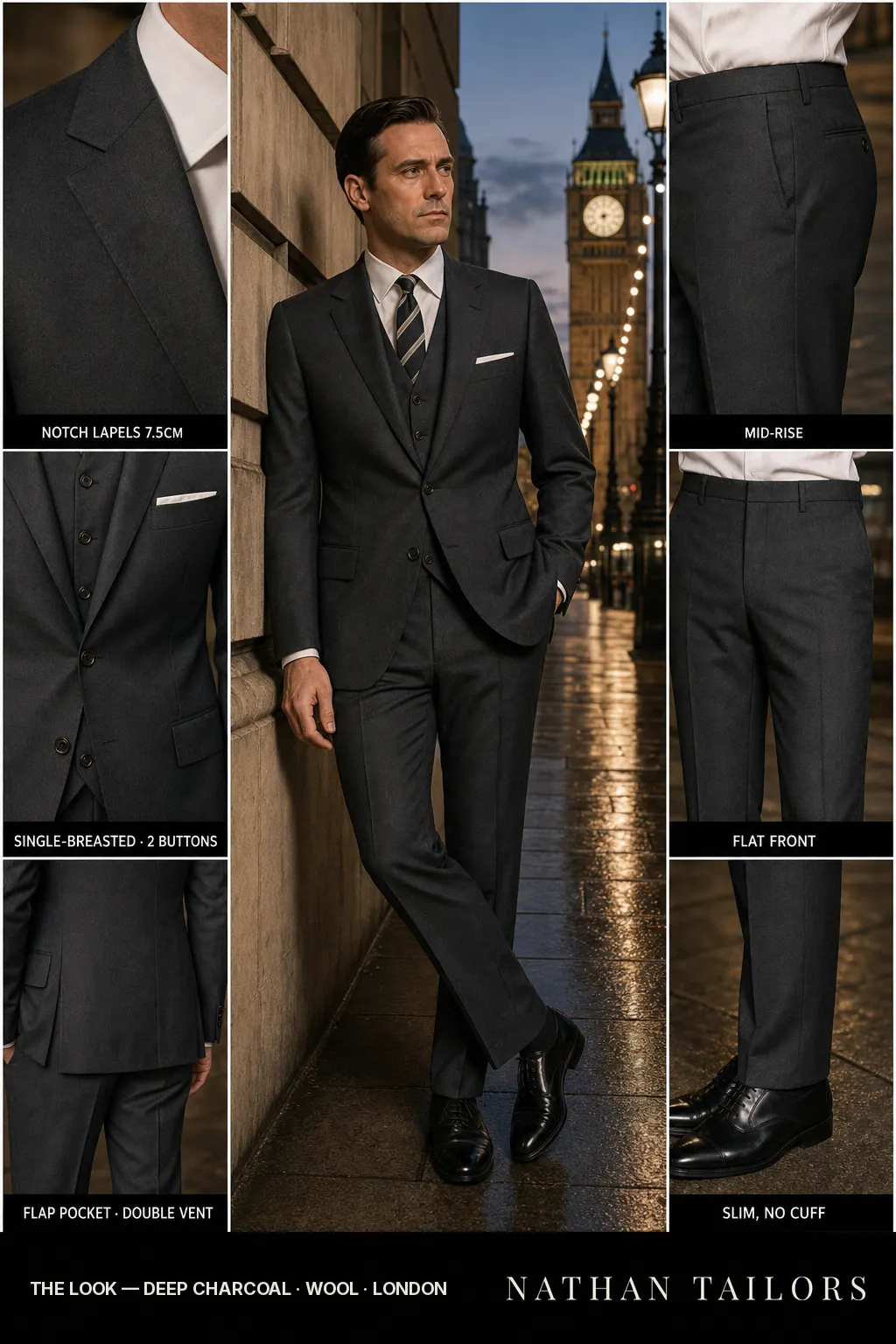 deep charcoal single-breasted notch-lapel bespoke suit โ AI-rendered by Nathan Tailors, the Hoi An custom tailor. Available as a custom tailored suit from $149.