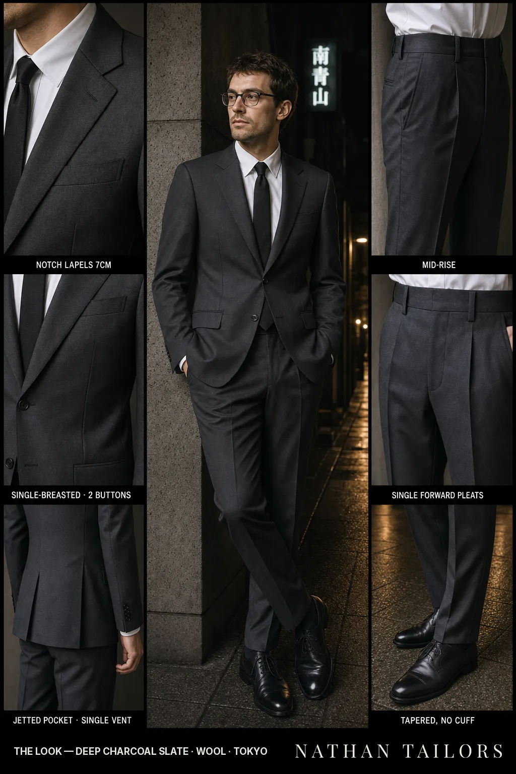 deep charcoal slate single-breasted notch-lapel bespoke suit — AI-rendered by Nathan Tailors, the Hoi An custom tailor. Available as a custom tailored suit from $149.