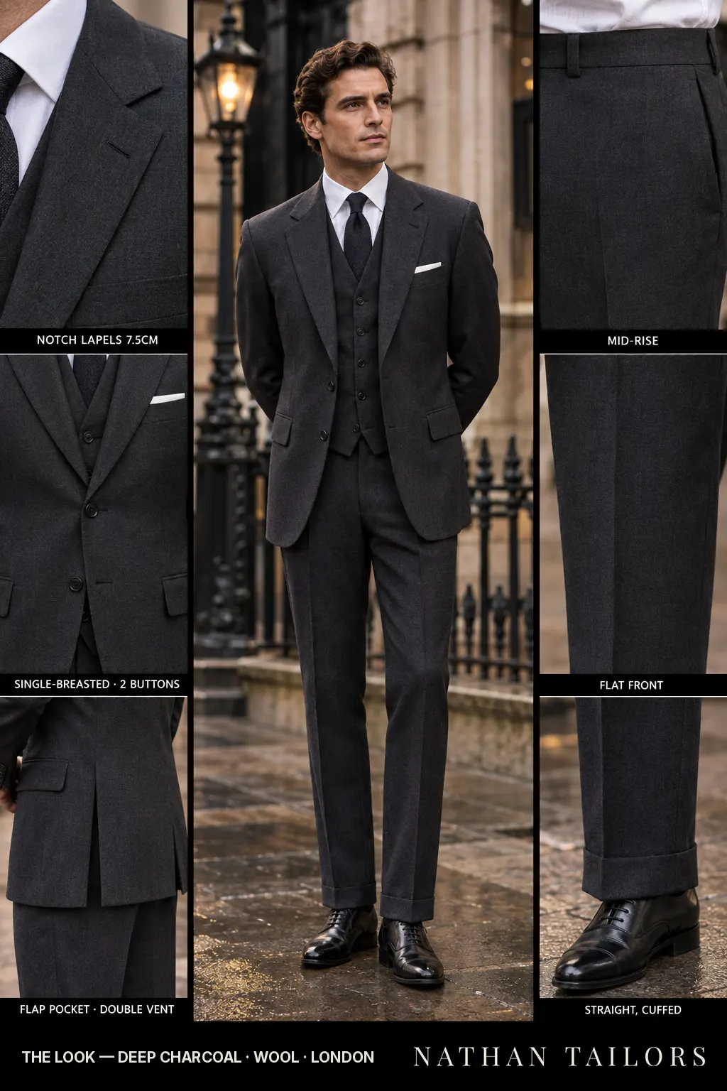 deep charcoal single-breasted bespoke suit โ custom tailored by Nathan Tailors, the Hoi An custom tailor