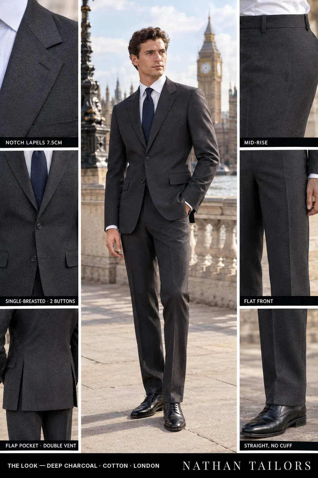 deep charcoal single-breasted bespoke suit — custom tailored by Nathan Tailors, the Hoi An custom tailor