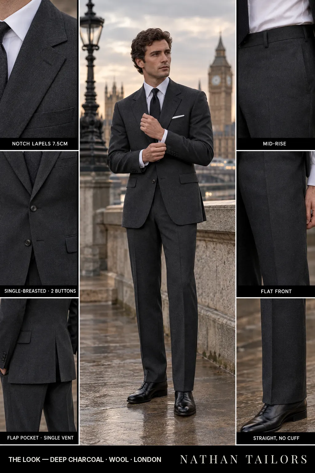 deep charcoal single-breasted bespoke suit โ custom tailored by Nathan Tailors, the Hoi An custom tailor