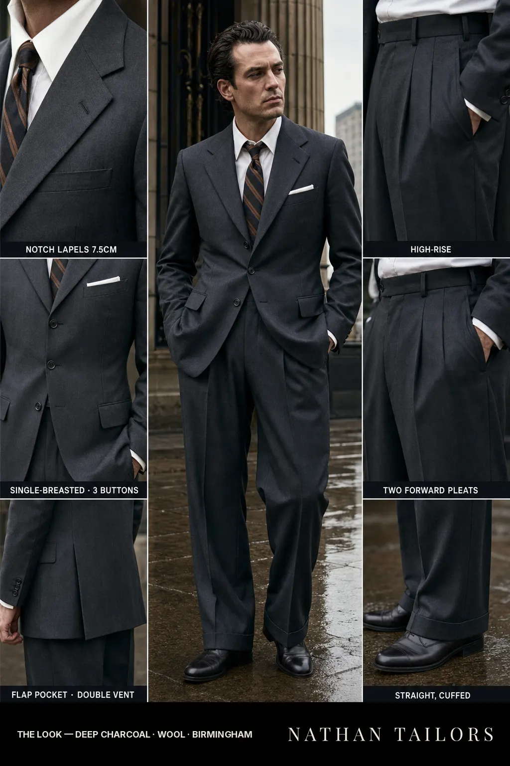 deep charcoal single-breasted notch-lapel bespoke suit — AI-rendered by Nathan Tailors, the Hoi An custom tailor. Available as a custom tailored suit from $149.