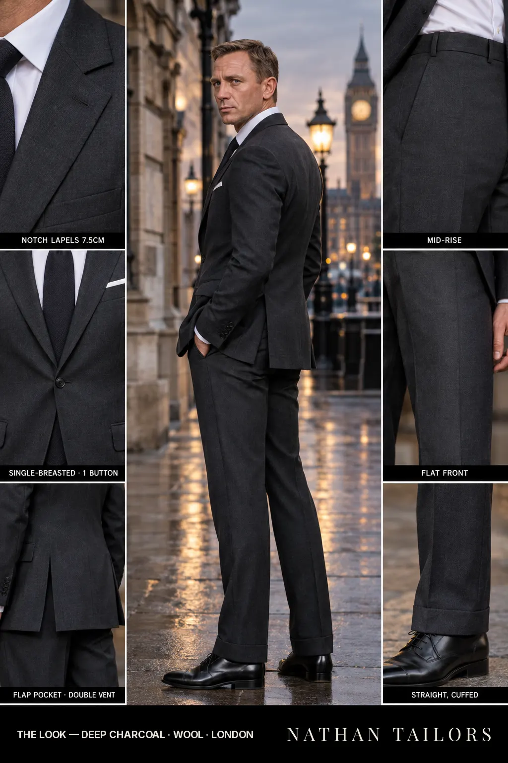 deep charcoal single-breasted bespoke suit — custom tailored by Nathan Tailors, the Hoi An custom tailor