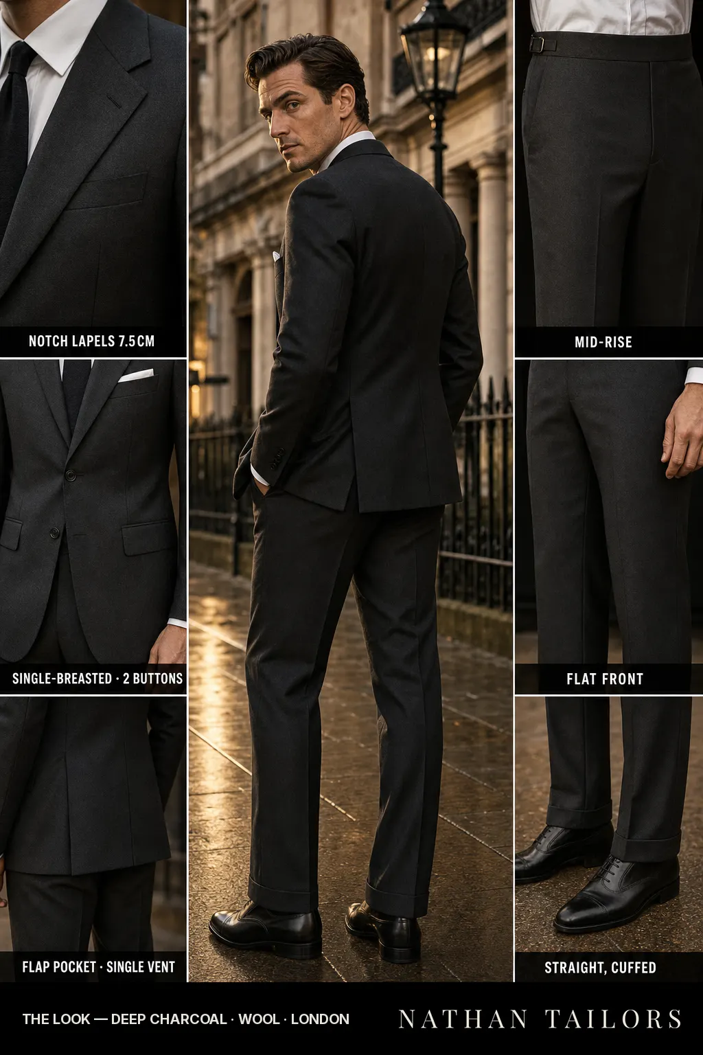 deep charcoal single-breasted notch-lapel bespoke suit — AI-rendered by Nathan Tailors, the Hoi An custom tailor. Available as a custom tailored suit from $149.