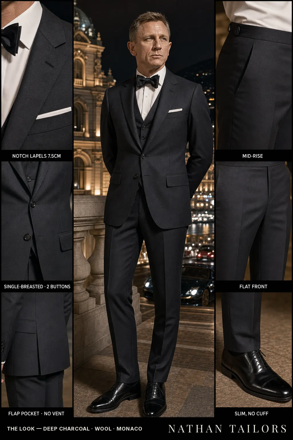 deep charcoal single-breasted notch-lapel bespoke suit — AI-rendered by Nathan Tailors, the Hoi An custom tailor. Available as a custom tailored suit from $149.