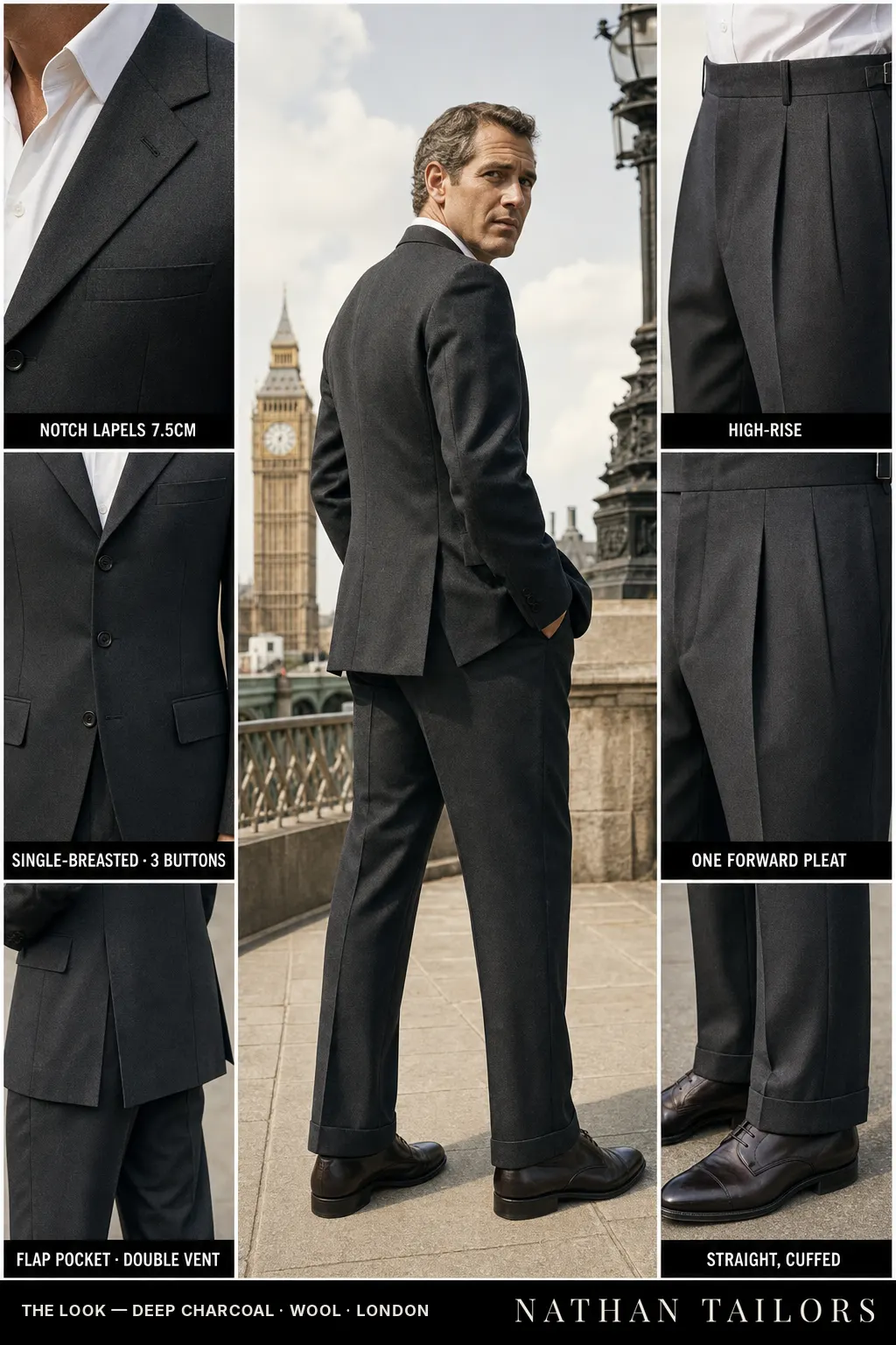 deep charcoal single-breasted bespoke suit — custom tailored by Nathan Tailors, the Hoi An custom tailor