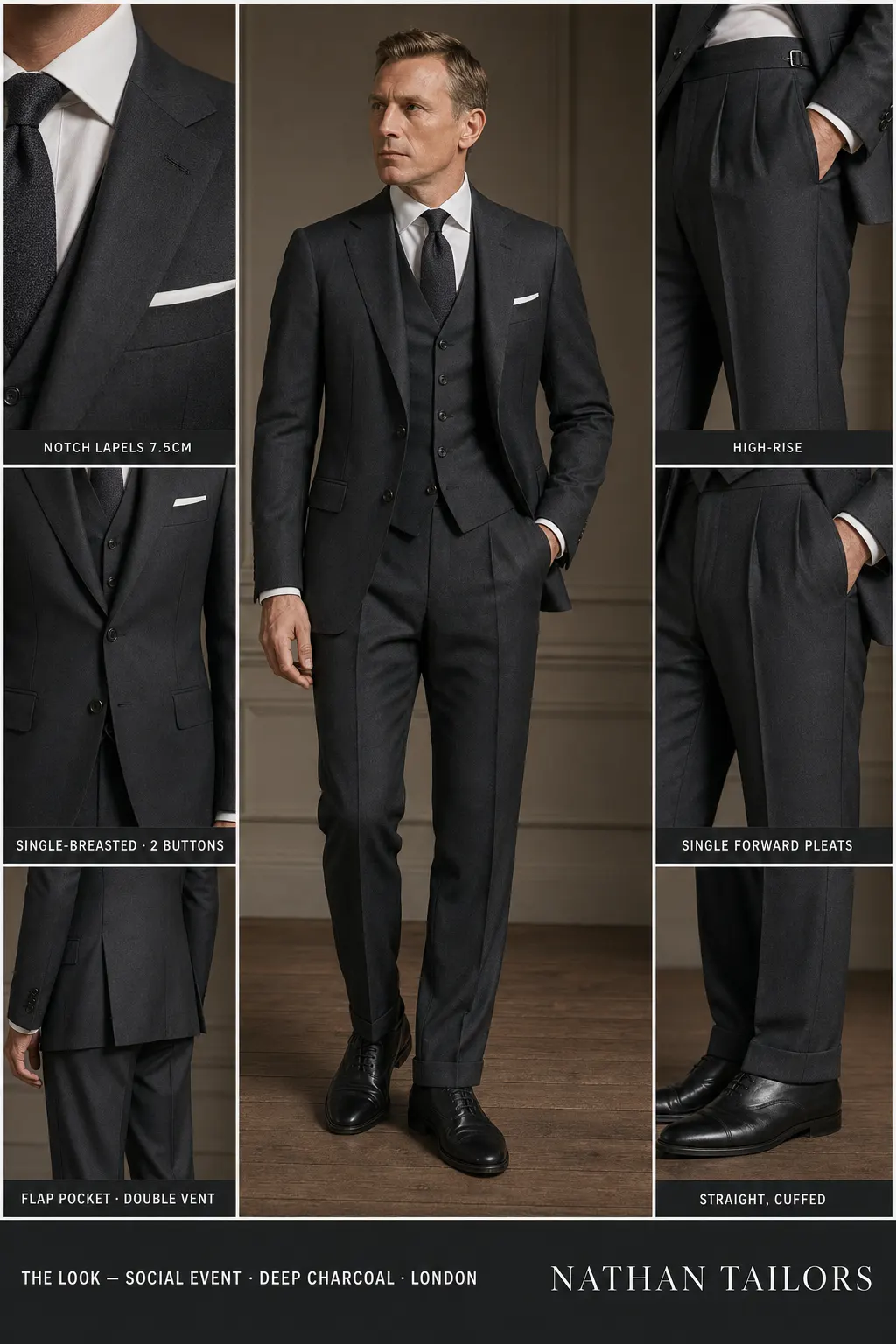 deep charcoal single-breasted notch-lapel bespoke suit — AI-rendered by Nathan Tailors, the Hoi An custom tailor. Available as a custom tailored suit from $149.