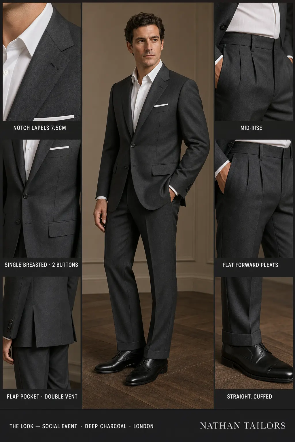 deep charcoal single-breasted notch-lapel bespoke suit — AI-rendered by Nathan Tailors, the Hoi An custom tailor. Available as a custom tailored suit from $149.