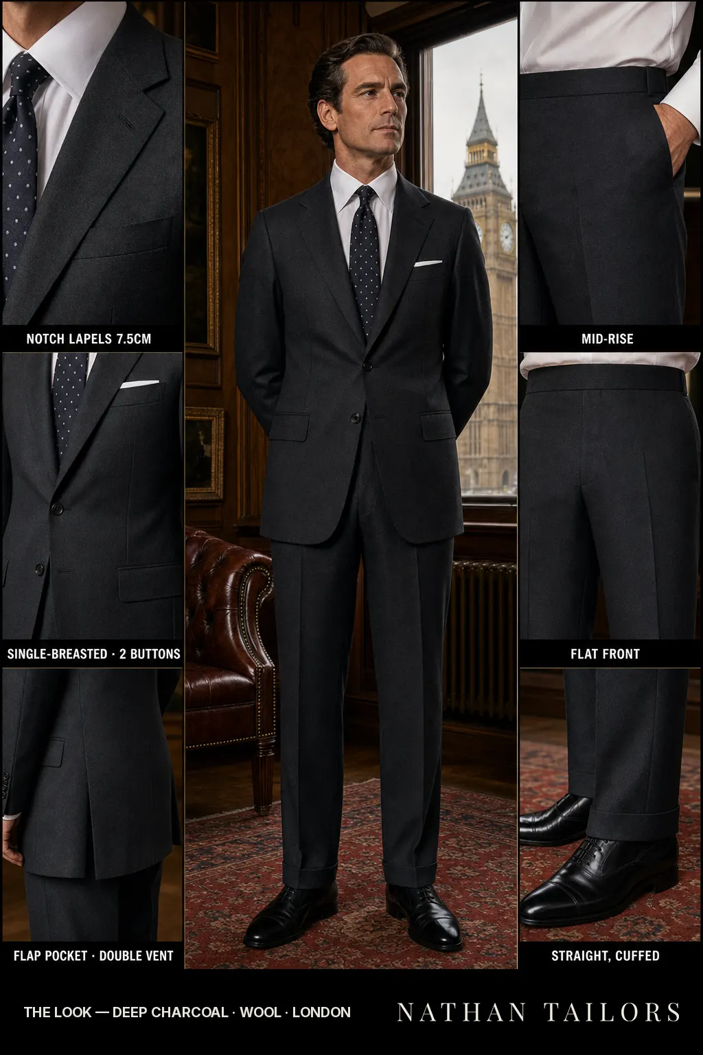deep charcoal single-breasted notch-lapel bespoke suit — AI-rendered by Nathan Tailors, the Hoi An custom tailor. Available as a custom tailored suit from $149.