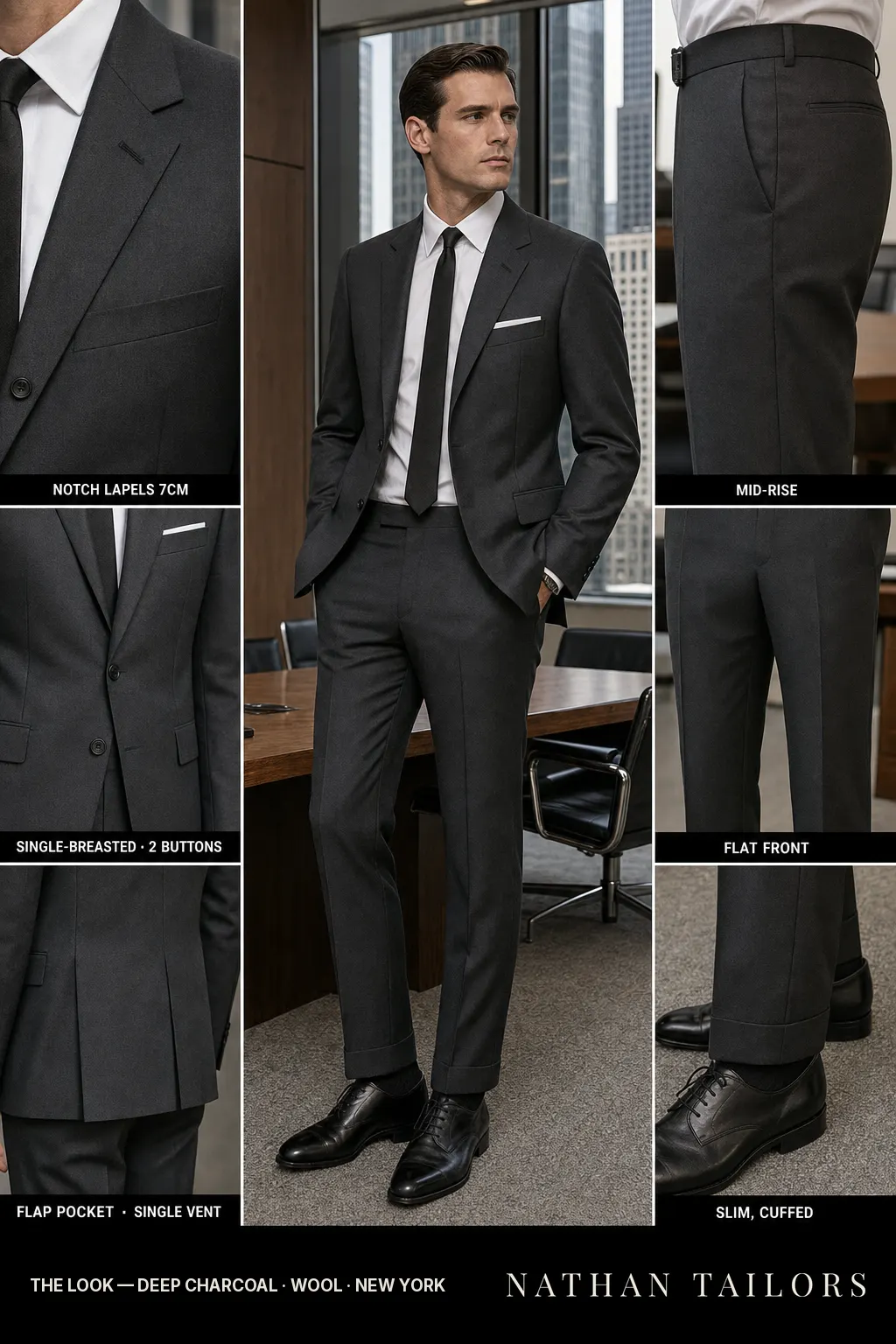 deep charcoal single-breasted notch-lapel bespoke suit — AI-rendered by Nathan Tailors, the Hoi An custom tailor. Available as a custom tailored suit from $149.
