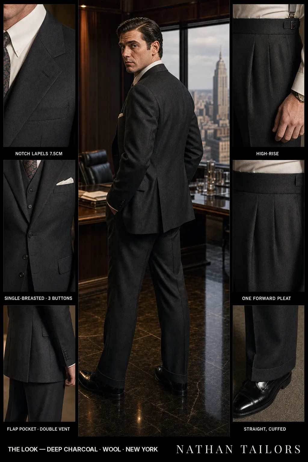 deep charcoal single-breasted notch-lapel bespoke suit — AI-rendered by Nathan Tailors, the Hoi An custom tailor. Available as a custom tailored suit from $149.