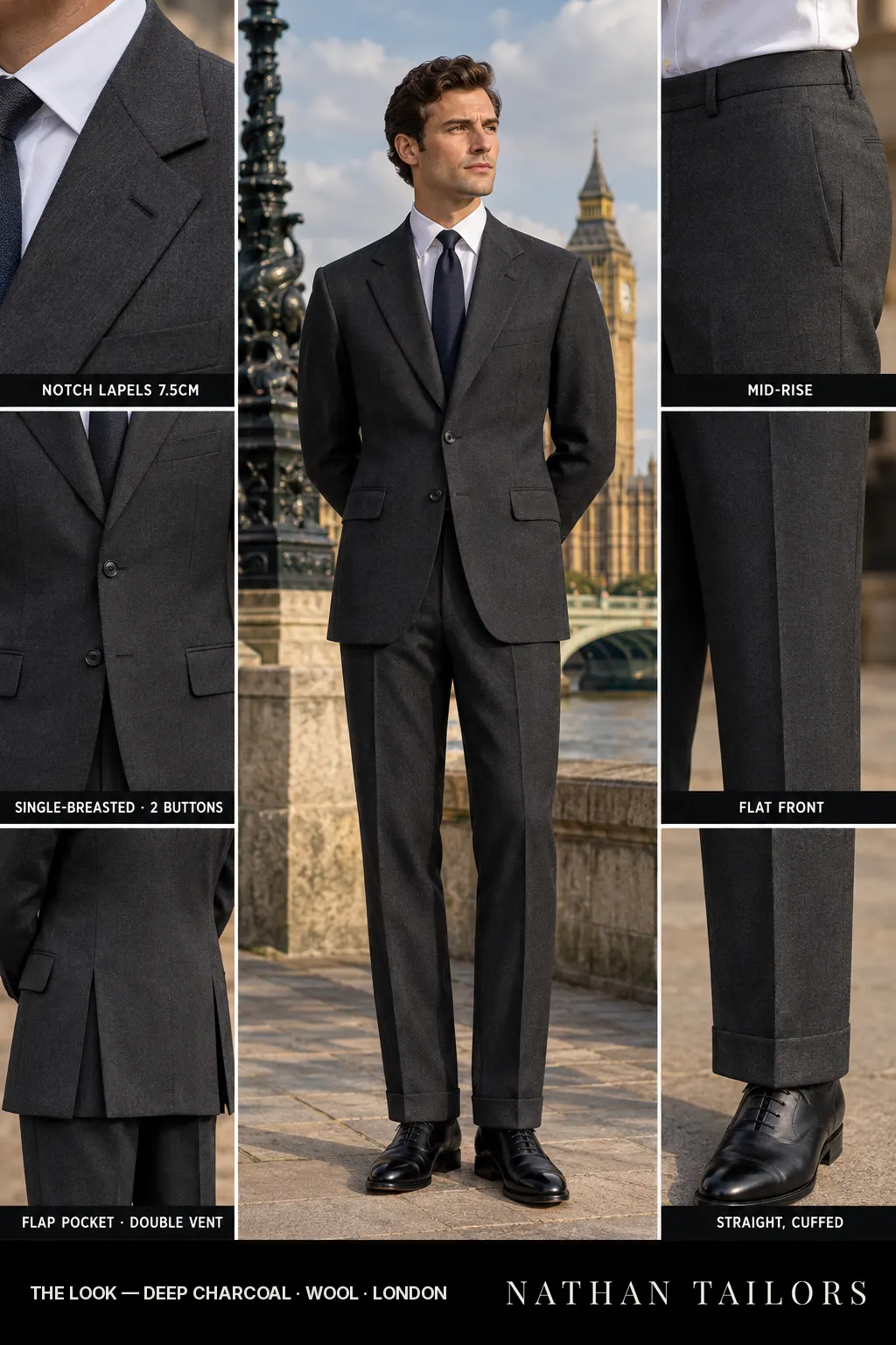 deep charcoal single-breasted bespoke suit โ custom tailored by Nathan Tailors, the Hoi An custom tailor