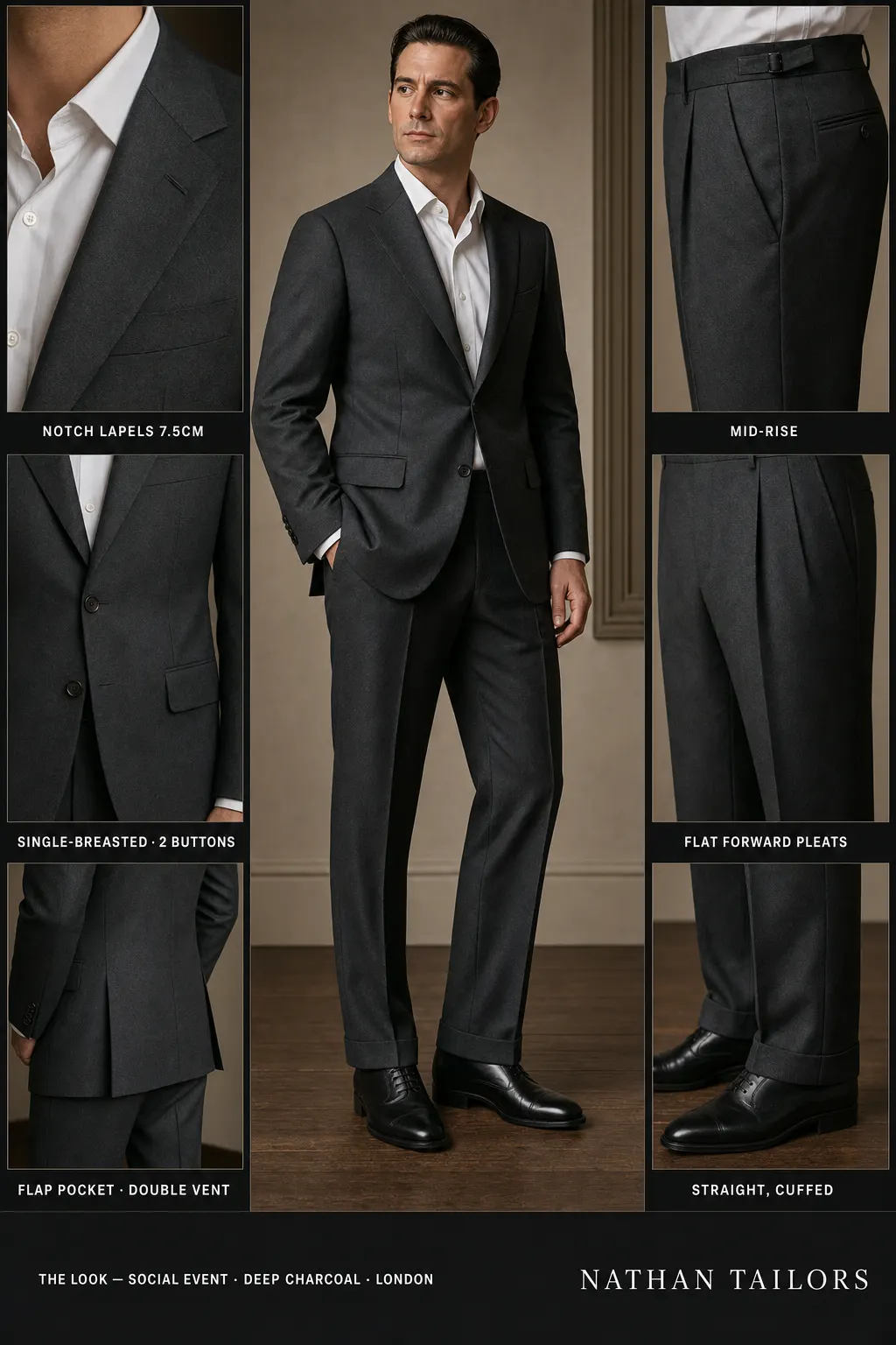 deep charcoal single-breasted notch-lapel bespoke suit — AI-rendered by Nathan Tailors, the Hoi An custom tailor. Available as a custom tailored suit from $149.
