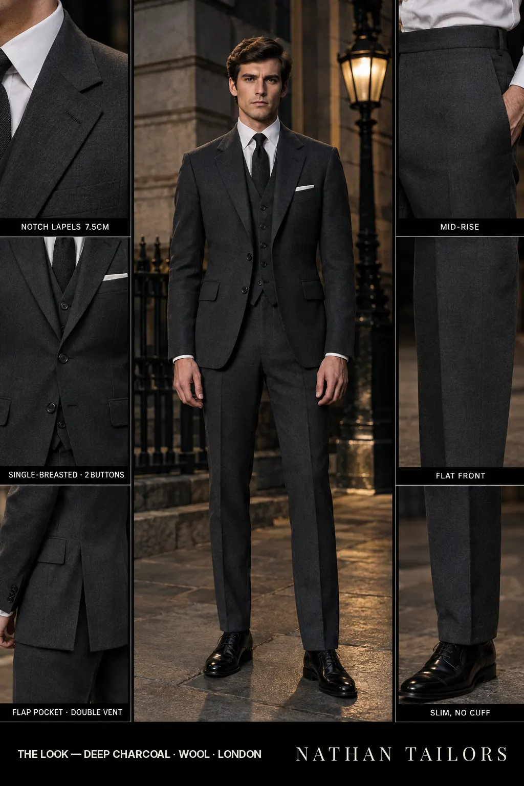 deep charcoal single-breasted notch-lapel bespoke suit โ AI-rendered by Nathan Tailors, the Hoi An custom tailor. Available as a custom tailored suit from $149.