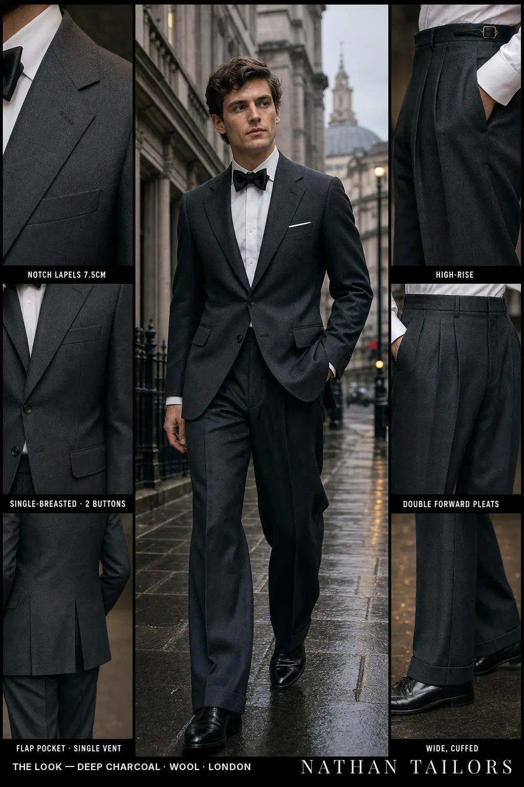 deep charcoal single-breasted notch-lapel bespoke suit — AI-rendered by Nathan Tailors, the Hoi An custom tailor. Available as a custom tailored suit from $149.
