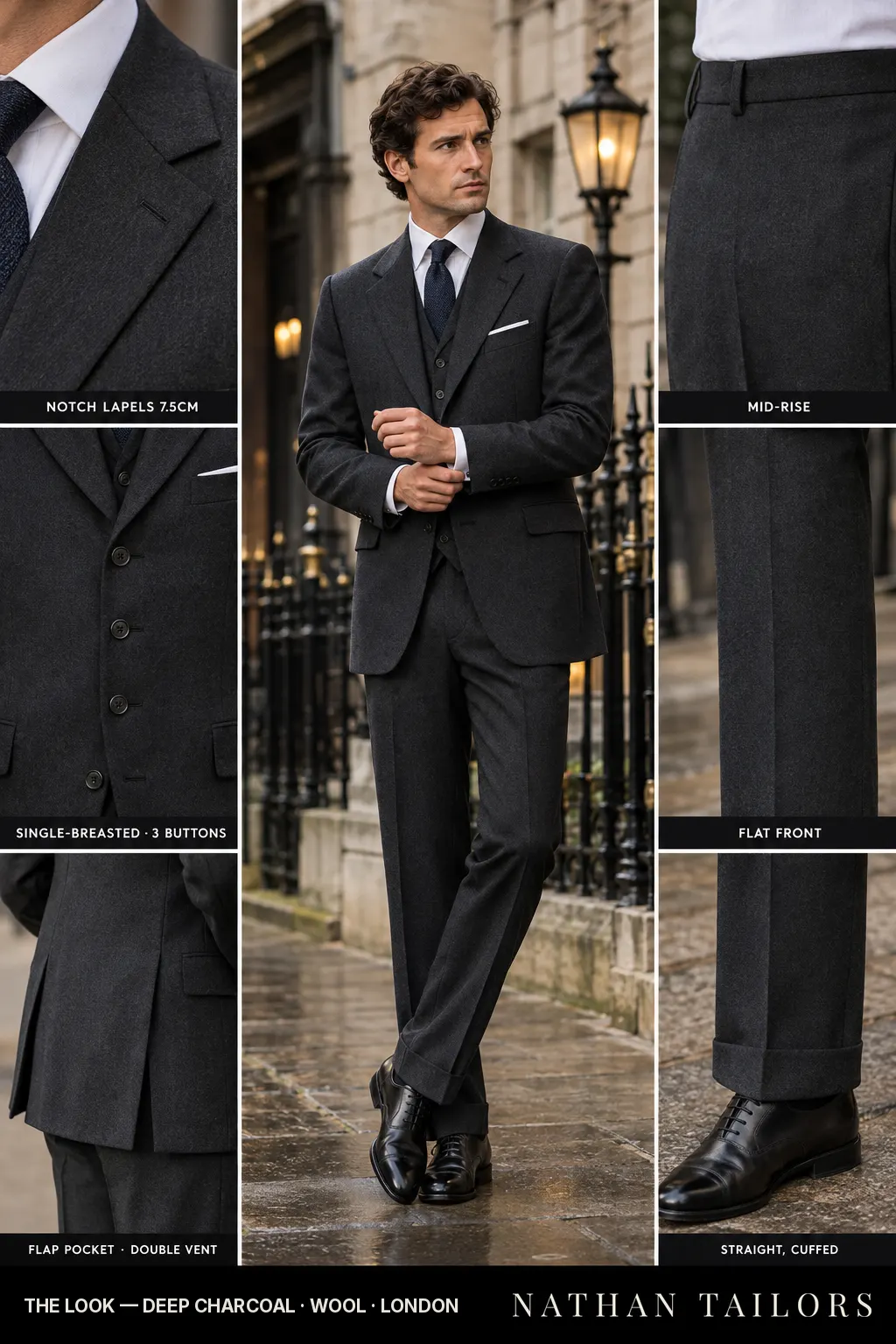 deep charcoal single-breasted notch-lapel bespoke suit — AI-rendered by Nathan Tailors, the Hoi An custom tailor. Available as a custom tailored suit from $169.