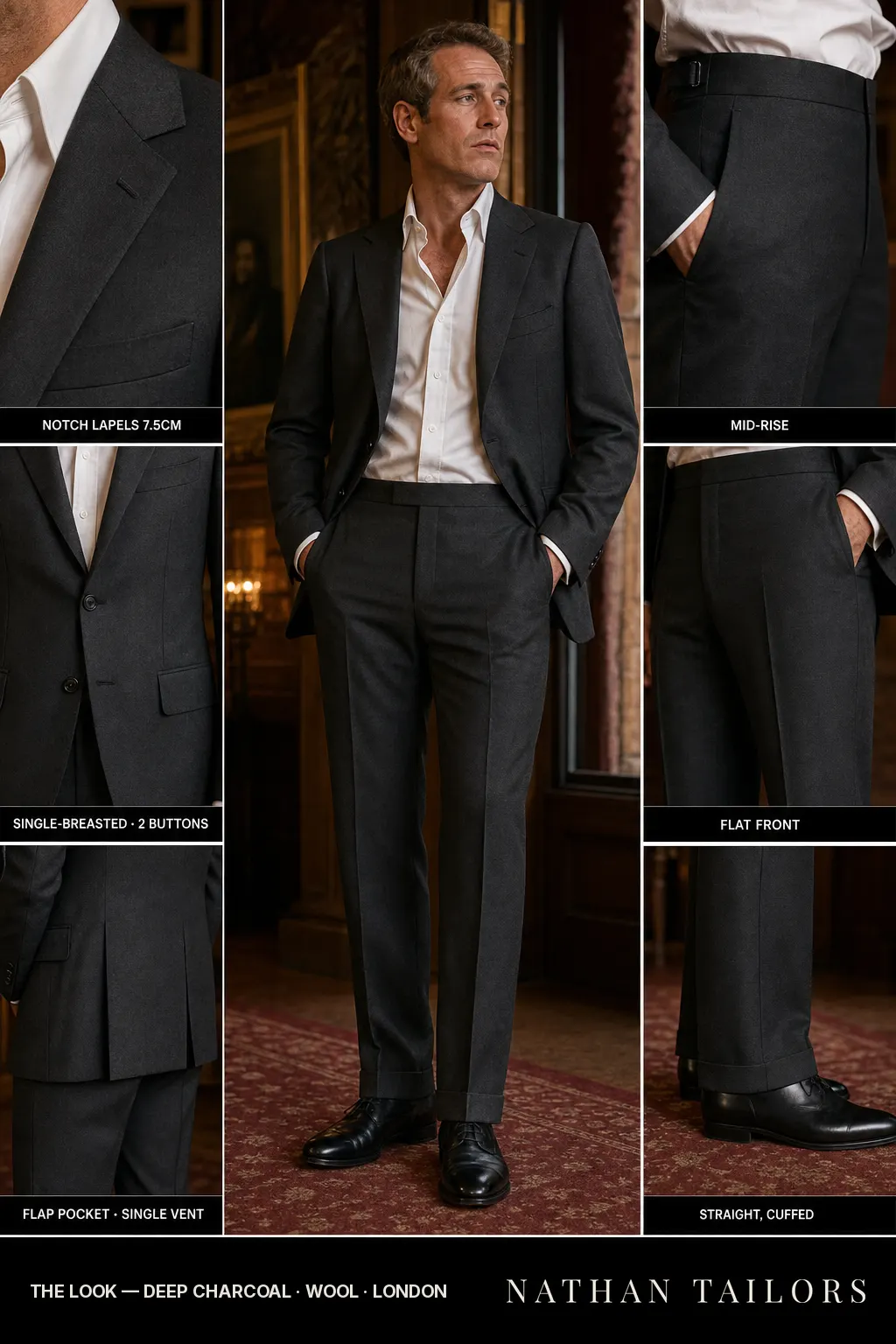deep charcoal single-breasted notch-lapel bespoke suit — AI-rendered by Nathan Tailors, the Hoi An custom tailor. Available as a custom tailored suit from $149.