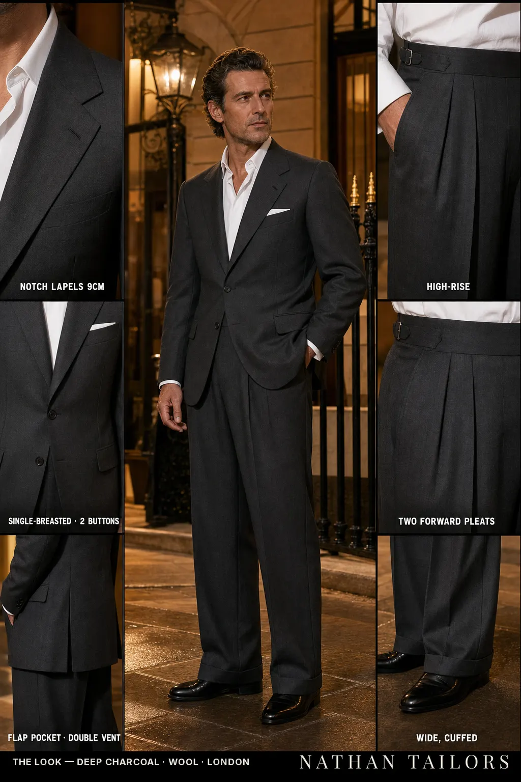 deep charcoal single-breasted notch-lapel bespoke suit — AI-rendered by Nathan Tailors, the Hoi An custom tailor. Available as a custom tailored suit from $169.