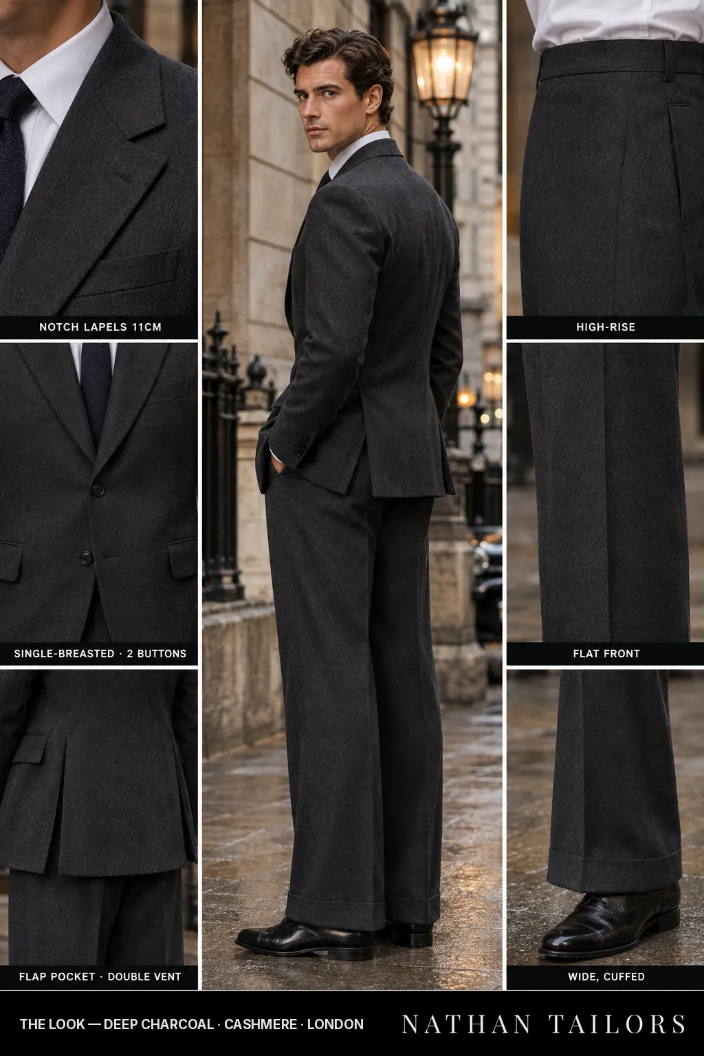 deep charcoal single-breasted bespoke suit — custom tailored by Nathan Tailors, the Hoi An custom tailor