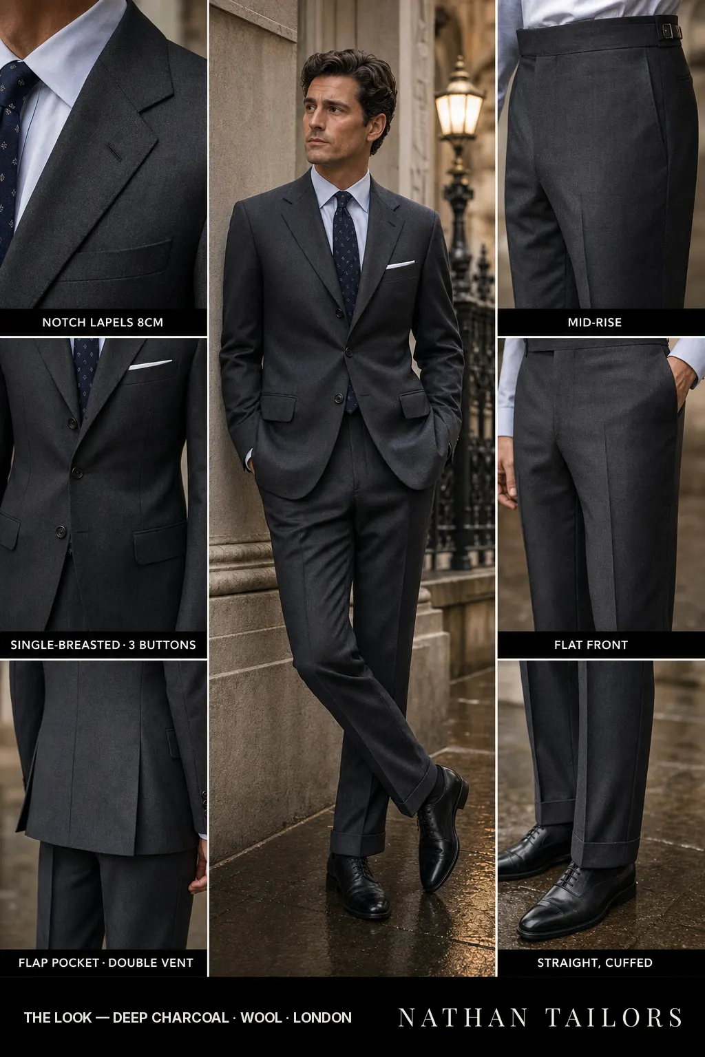 deep charcoal single-breasted notch-lapel bespoke suit — AI-rendered by Nathan Tailors, the Hoi An custom tailor. Available as a custom tailored suit from $149.