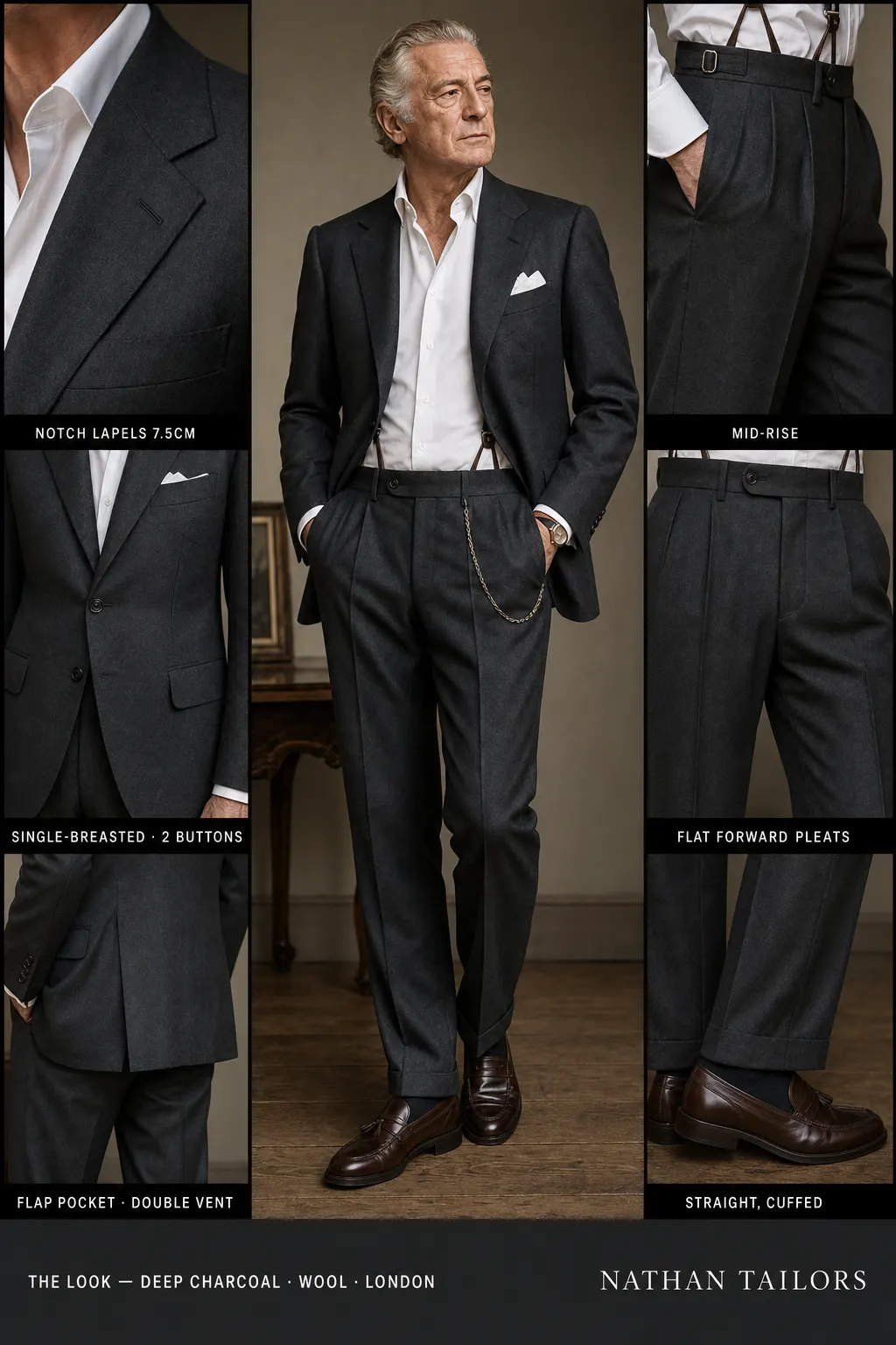 deep charcoal single-breasted notch-lapel bespoke suit — AI-rendered by Nathan Tailors, the Hoi An custom tailor. Available as a custom tailored suit from $149.